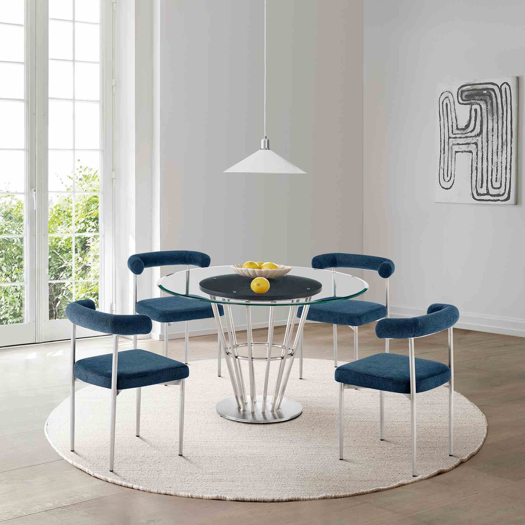 Veronica Shannon 5 Piece Round Glass Dining Table Set with Brushed Stainless Steel and Blue Fabric - Image 10