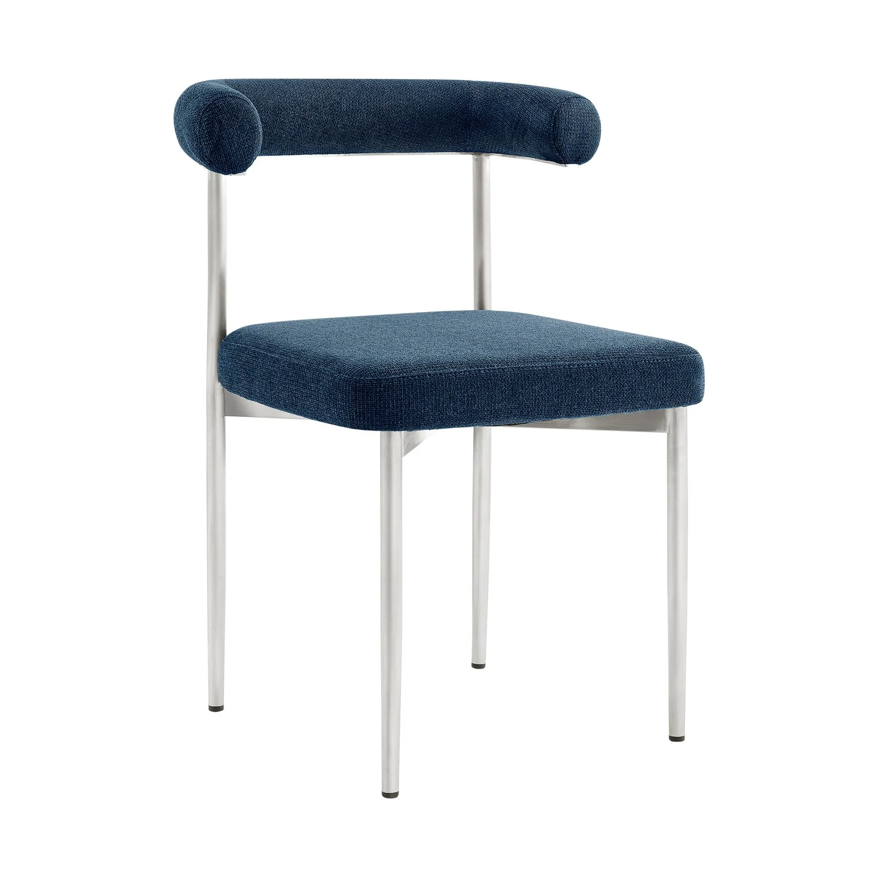 Veronica Shannon 5 Piece Round Glass Dining Table Set with Brushed Stainless Steel and Blue Fabric - Image 2