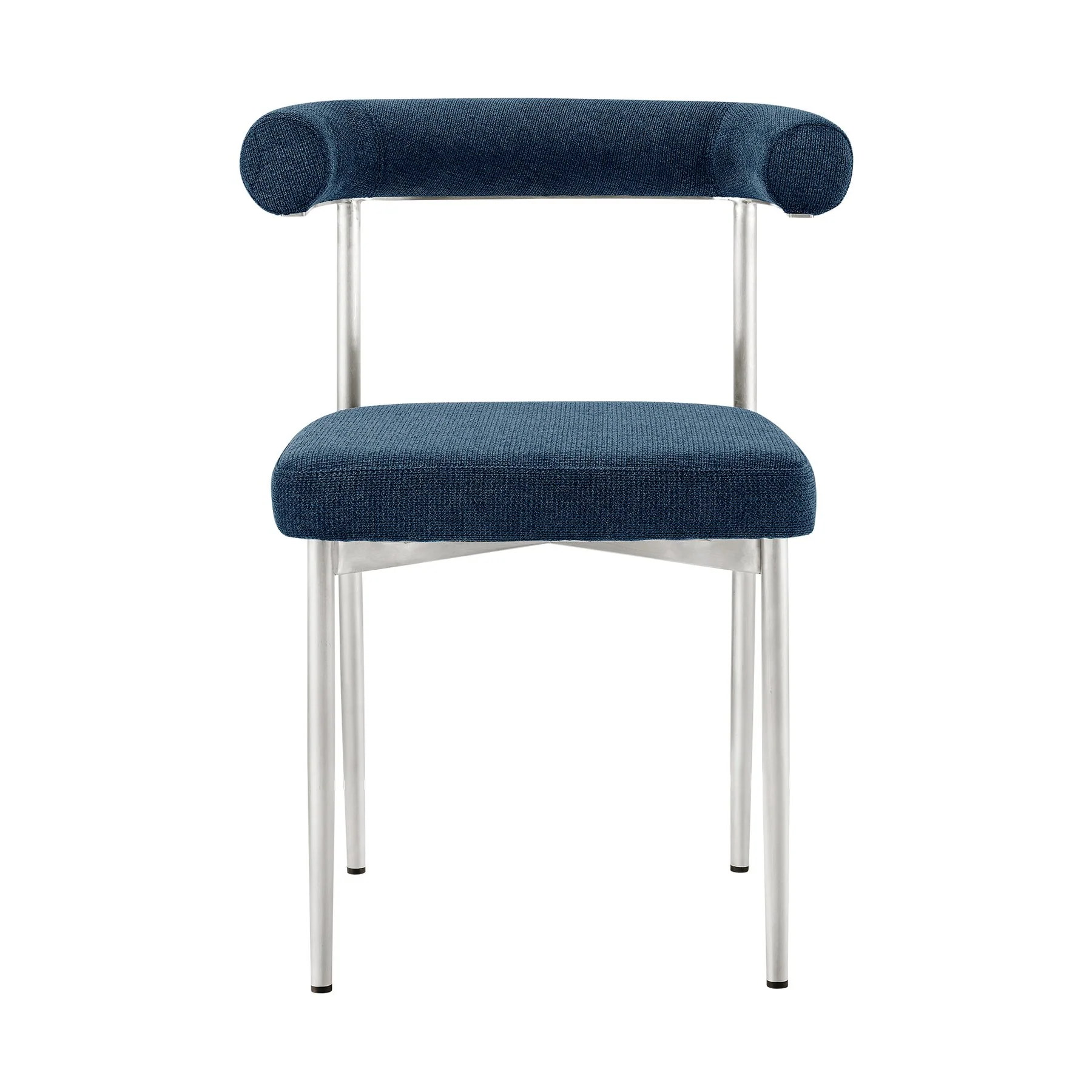 Veronica Shannon 5 Piece Round Glass Dining Table Set with Brushed Stainless Steel and Blue Fabric - Image 3