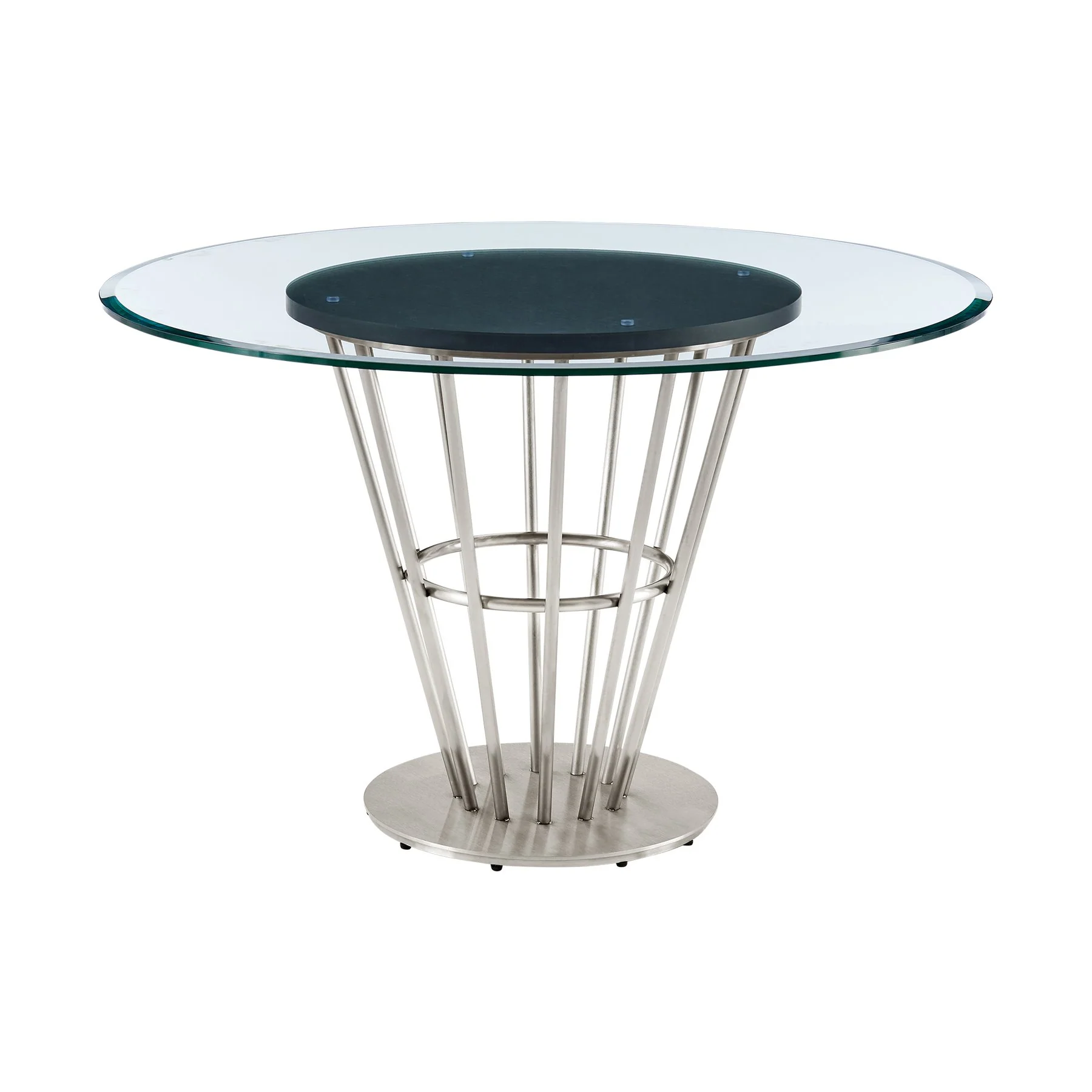 Veronica Shannon 5 Piece Round Glass Dining Table Set with Brushed Stainless Steel and Blue Fabric - Image 4