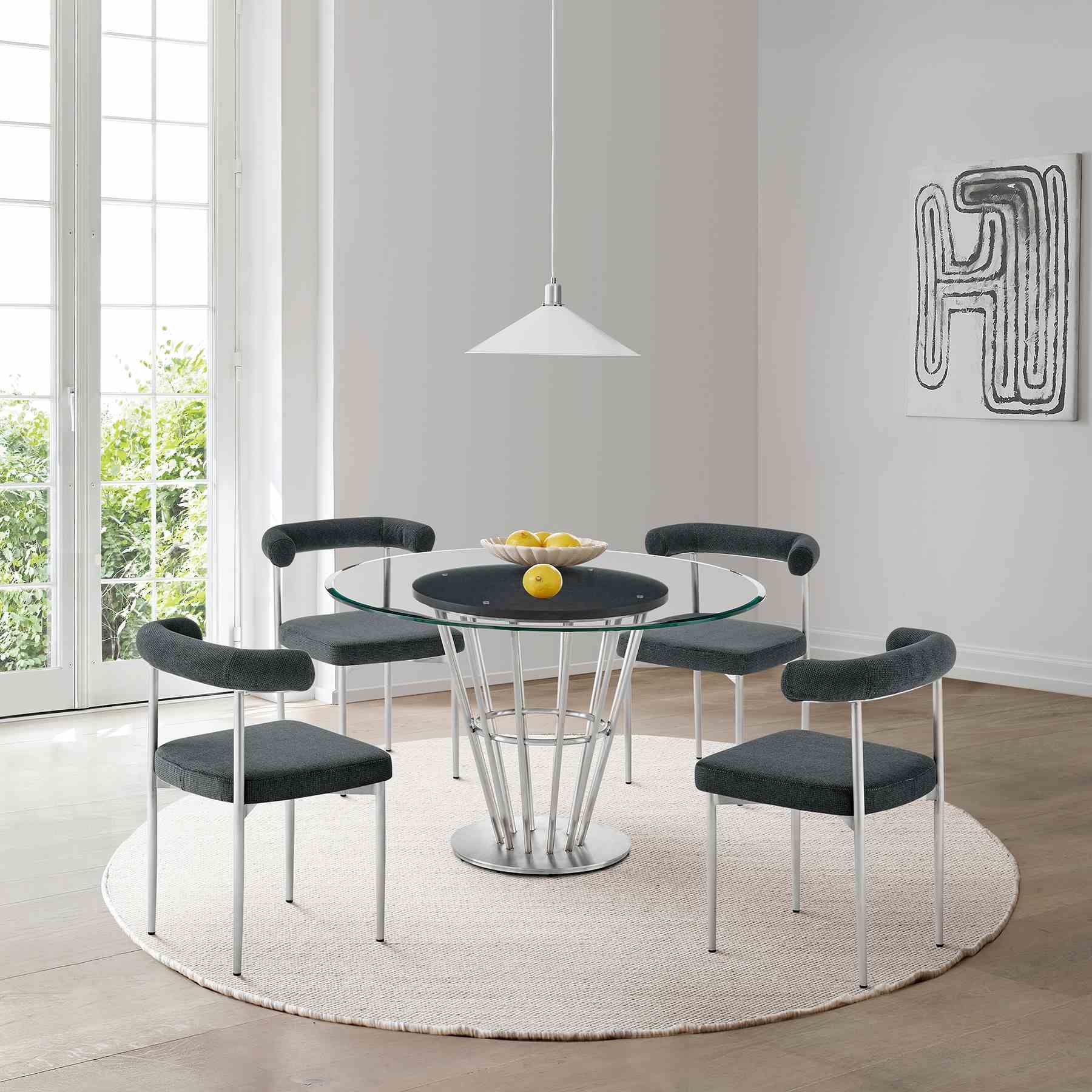 Veronica Shannon 5 Piece Round Glass Dining Table Set with Brushed Stainless Steel and Charcoal Fabric - Image 10