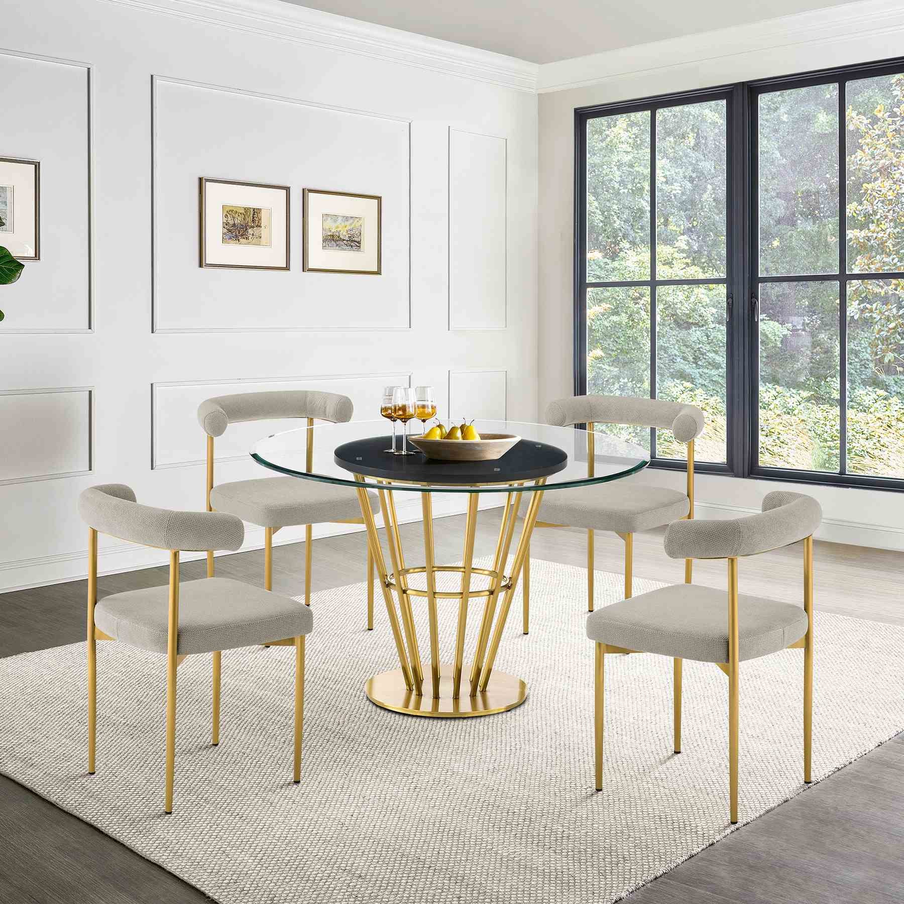 Veronica Shannon 5 Piece Round Glass Dining Table Set with Gold Brushed Stainless Steel and Taupe Fabric - Image 10