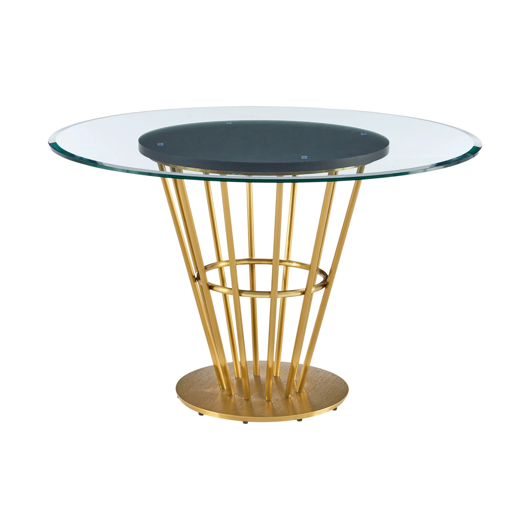Veronica Shannon 5 Piece Round Glass Dining Table Set with Gold Brushed Stainless Steel and Taupe Fabric - Image 4