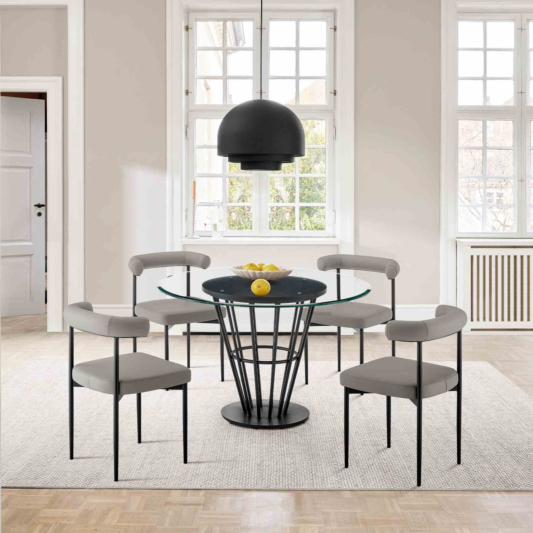 Veronica Shannon 5 Piece Round Glass Dining Table Set with Matte Black Iron and Gray Faux Leather - Image 10