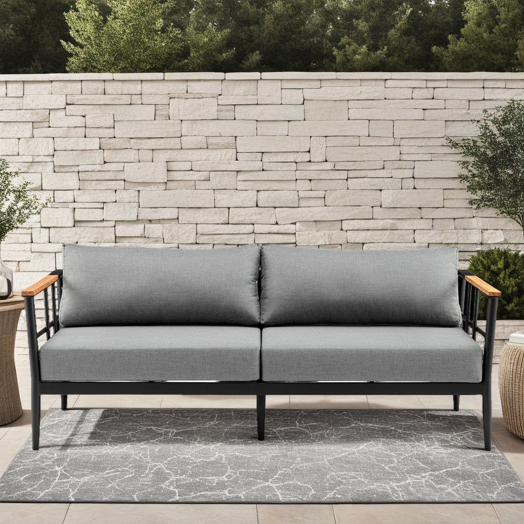 Veyda Aluminum and Teak Wood Outdoor Sofa in Black and Dark Gray - Image 7
