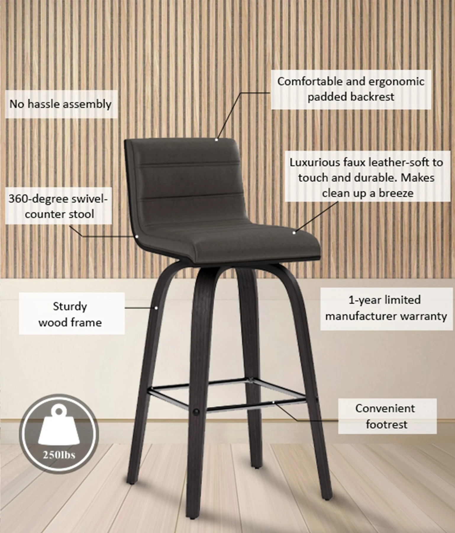 Vienna 26" Swivel Counter Stool in Black Wood Finish with Gray Faux Leather - Image 11