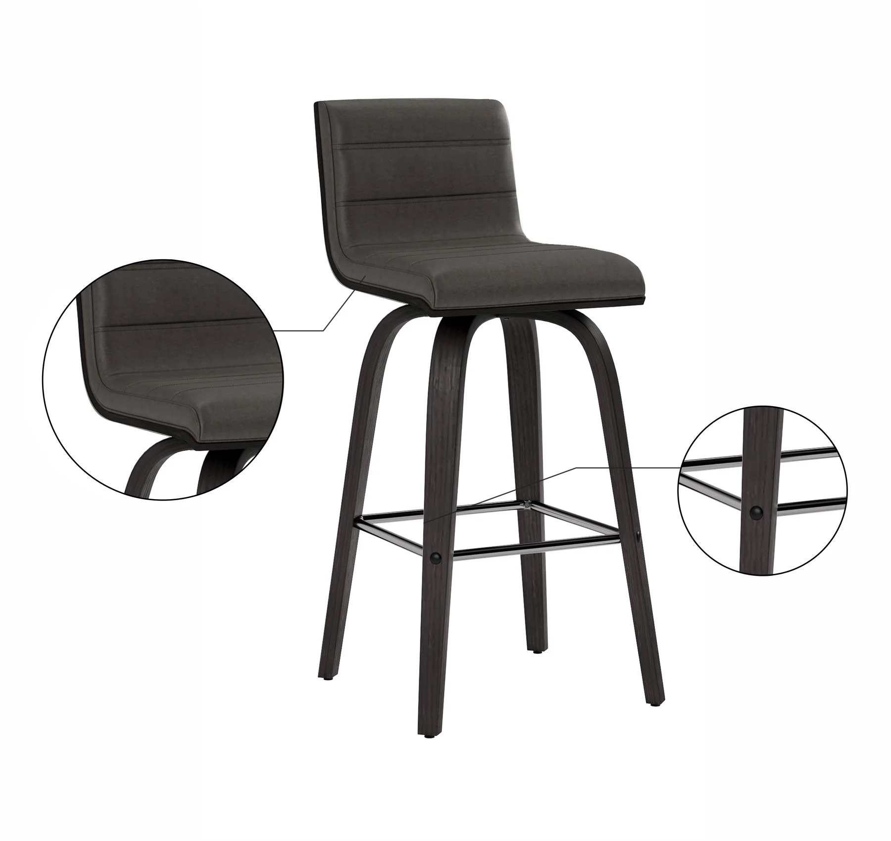 Vienna 26" Swivel Counter Stool in Black Wood Finish with Gray Faux Leather - Image 7