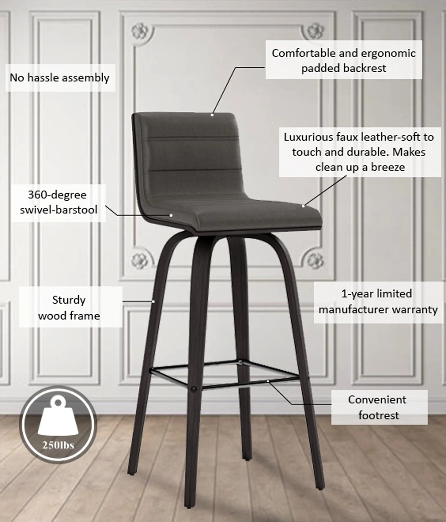 Vienna 30" Swivel Bar Stool in Black Wood Finish with Gray Faux Leather - Image 11