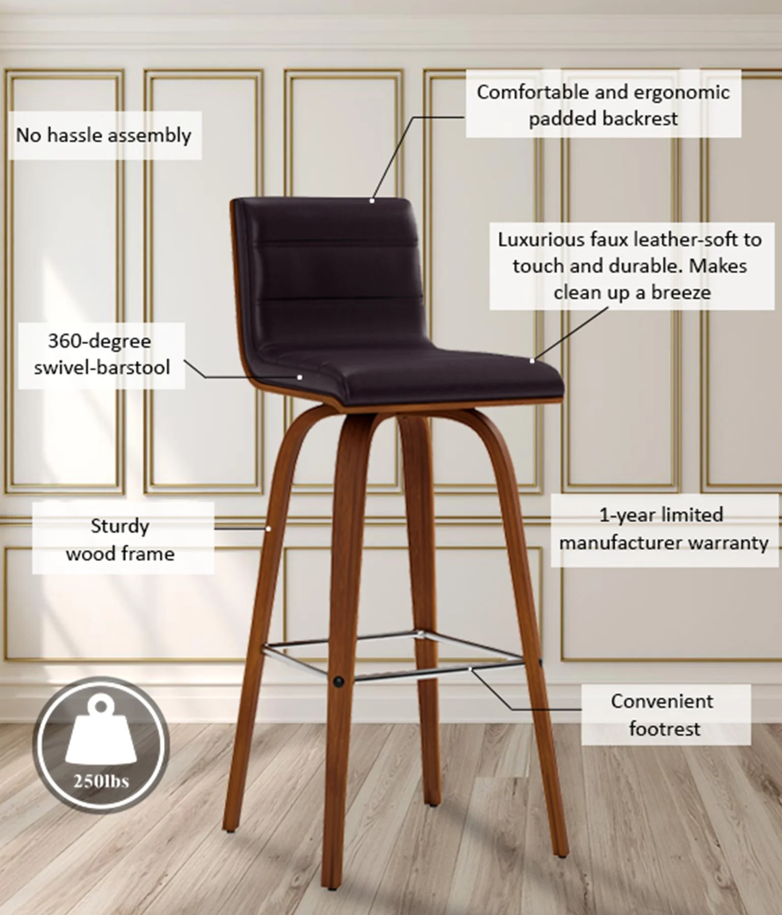 Vienna 30" Swivel Bar Stool in Walnut Wood Finish with Brown Faux Leather - Image 13