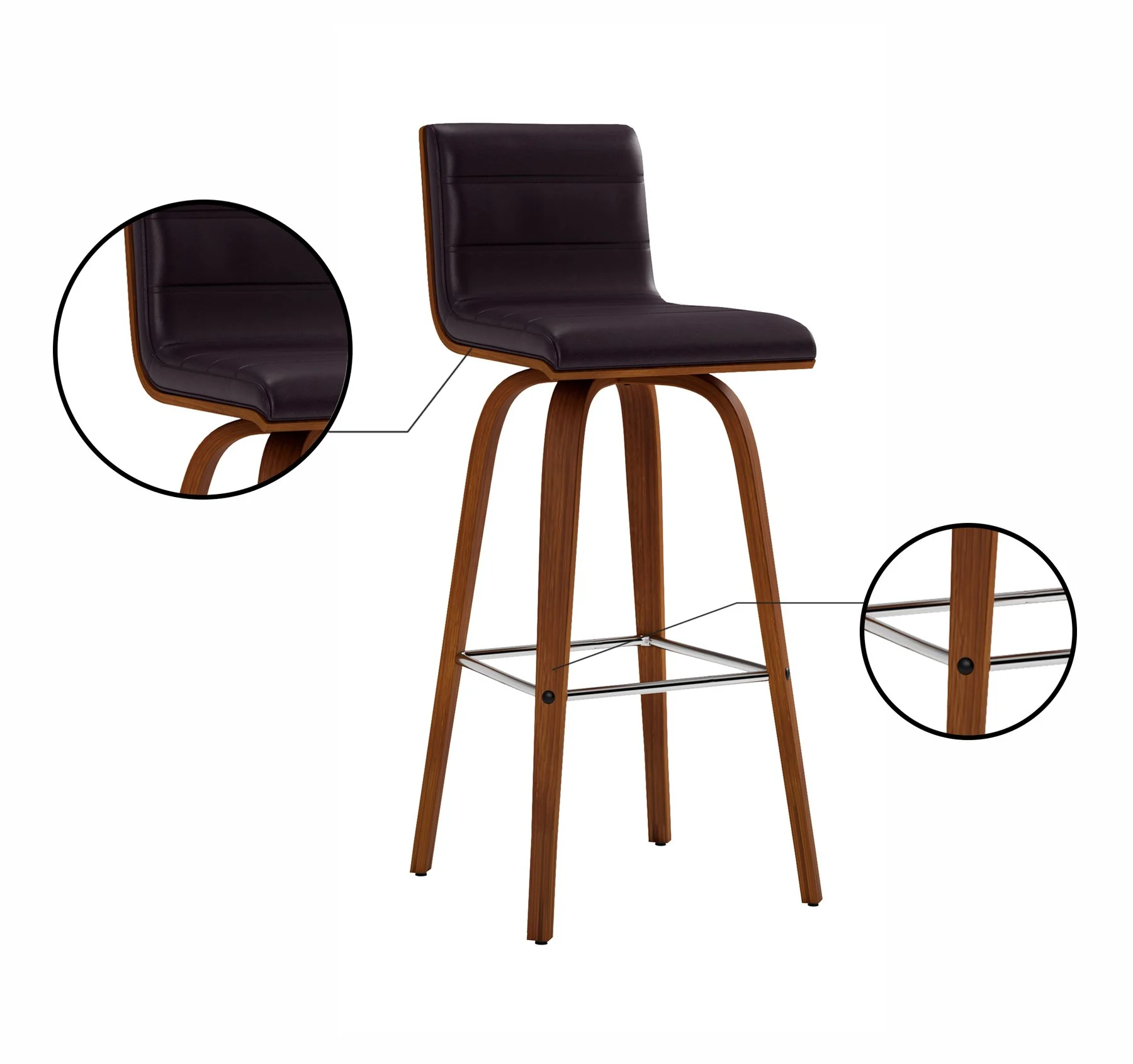 Vienna 30" Swivel Bar Stool in Walnut Wood Finish with Brown Faux Leather - Image 9