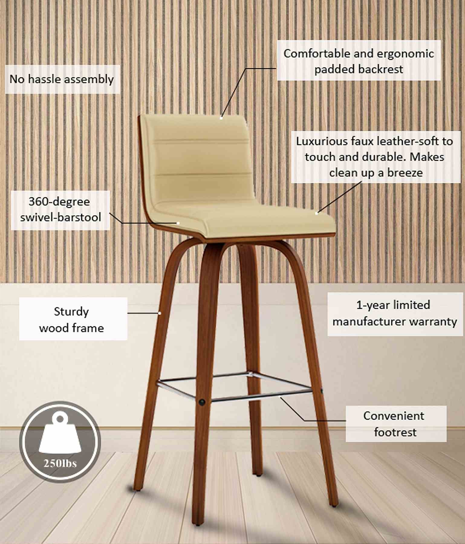 Vienna 30" Swivel Bar Stool in Walnut Wood Finish with Cream Faux Leather - Image 13