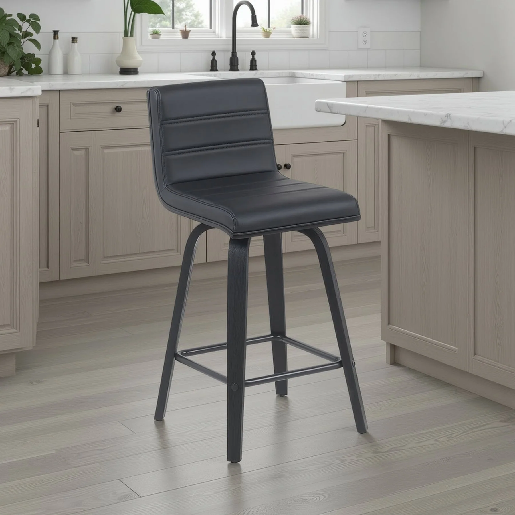 Vienna Modern Counter Height Swivel Bar Stool with Black Faux Leather Seat and Black Brushed Wood Frame - Image 7