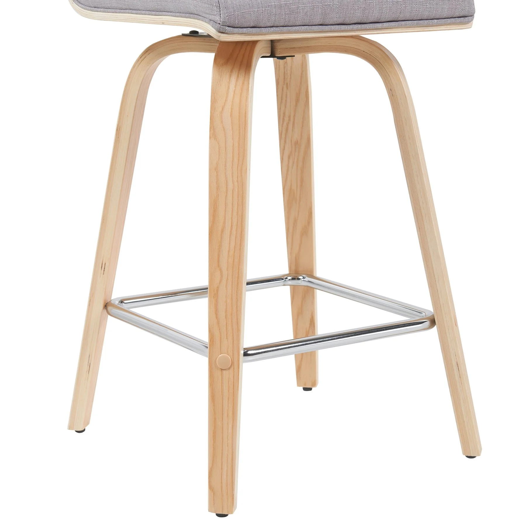 Vienna Modern Counter Height Swivel Bar Stool with Grey Upholstered Seat and Patterned Oak Wood Frame - Image 6