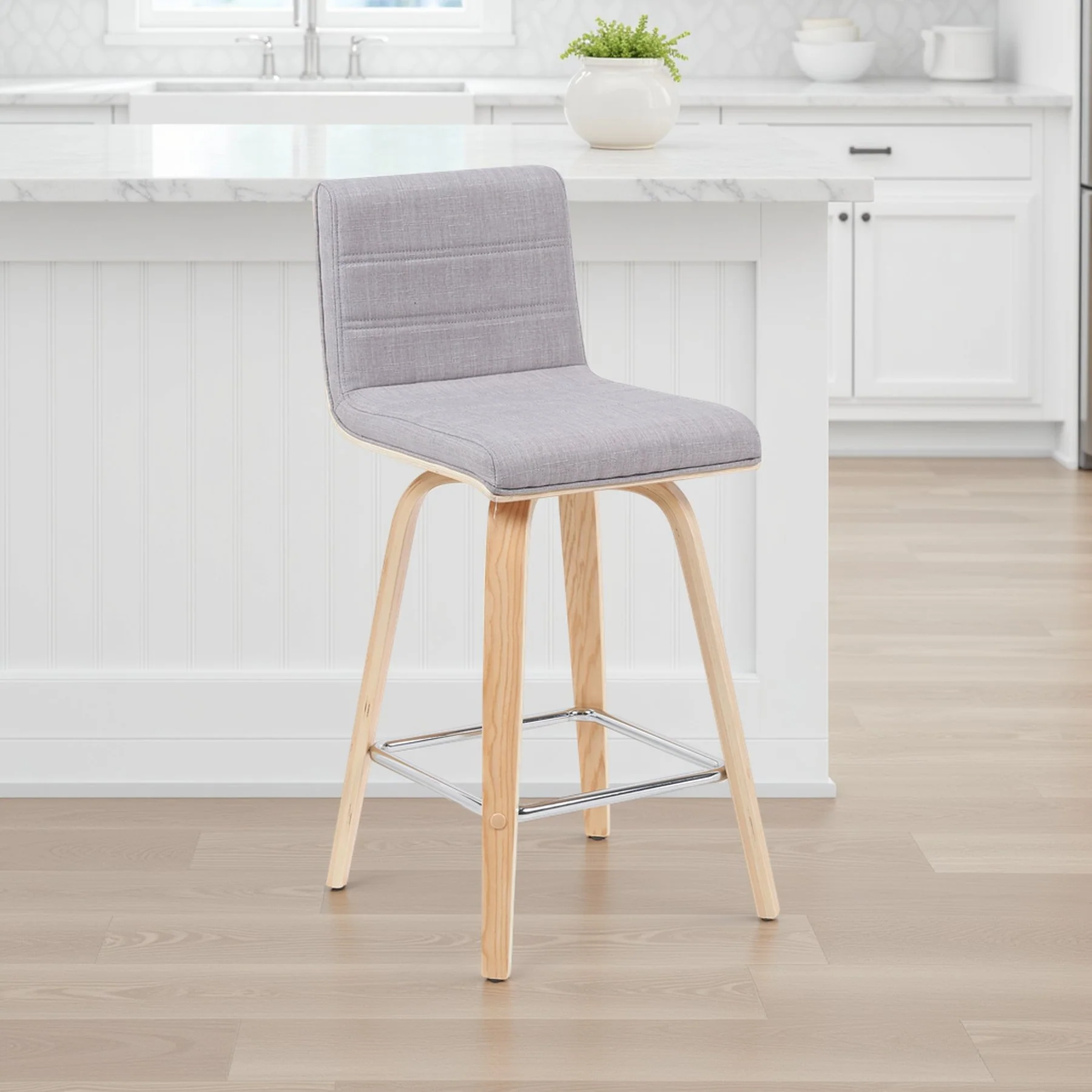 Vienna Modern Counter Height Swivel Bar Stool with Grey Upholstered Seat and Patterned Oak Wood Frame - Image 7