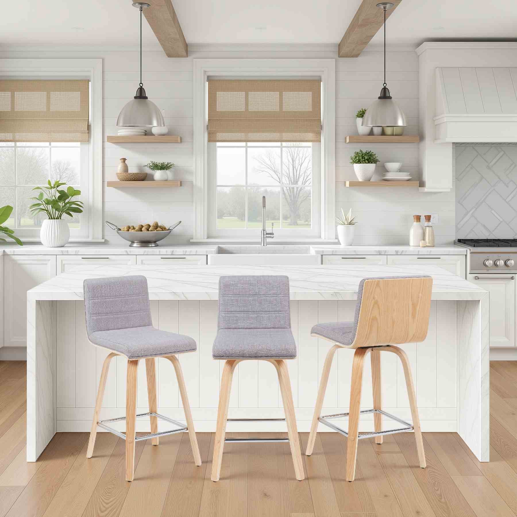 Vienna Modern Counter Height Swivel Bar Stool with Grey Upholstered Seat and Patterned Oak Wood Frame - Image 8