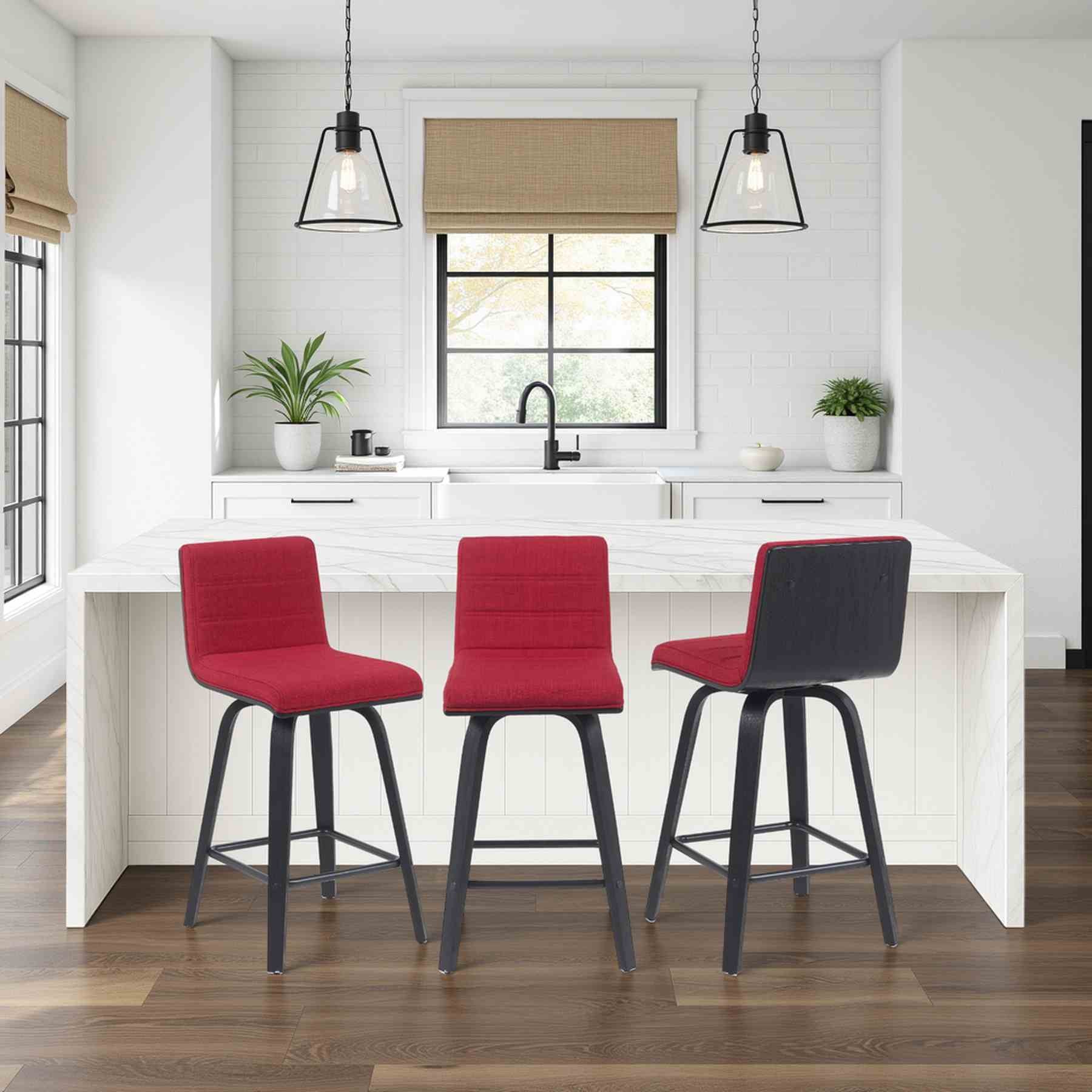 Vienna Modern Counter Height Swivel Bar Stool with Red Upholstered Seat and Brushed Wood Frame - Image 8