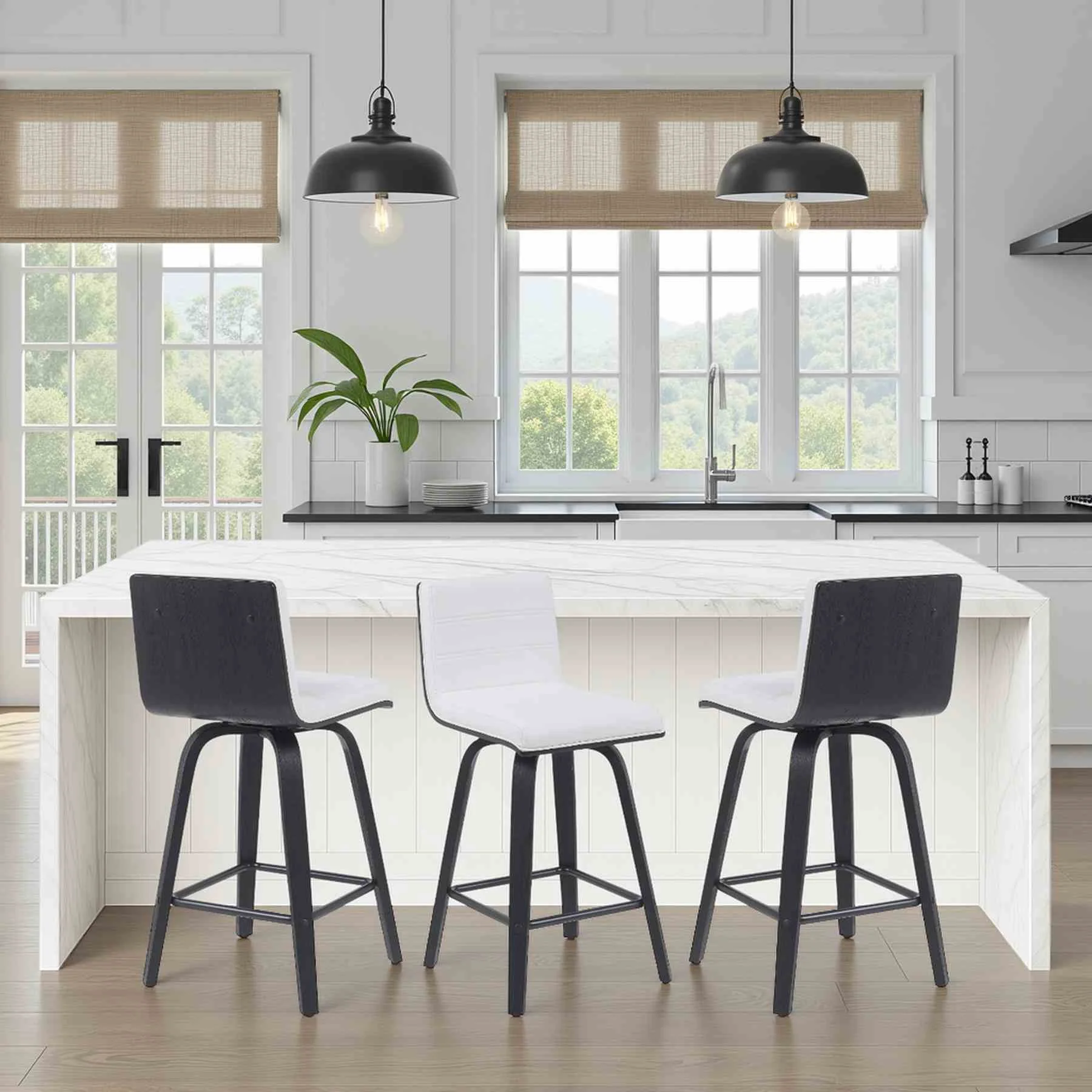 Vienna Modern Counter Height Swivel Bar Stool with Snow White Faux Leather Seat and Black Brushed Wood Frame - Image 8