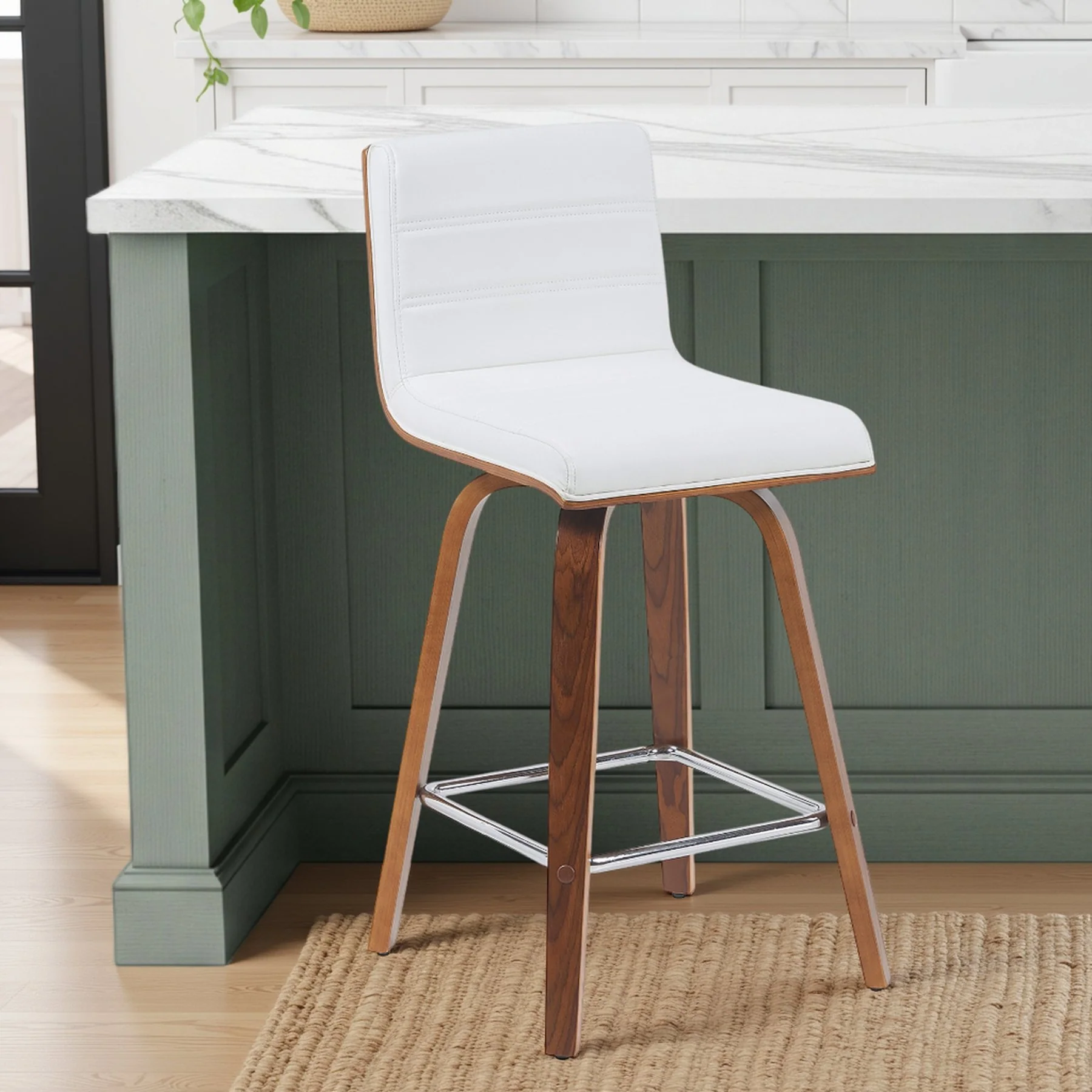 Vienna Modern Counter Height Swivel Bar Stool with Snow White Faux Leather Seat and Walnut Finished Wood Frame - Image 7