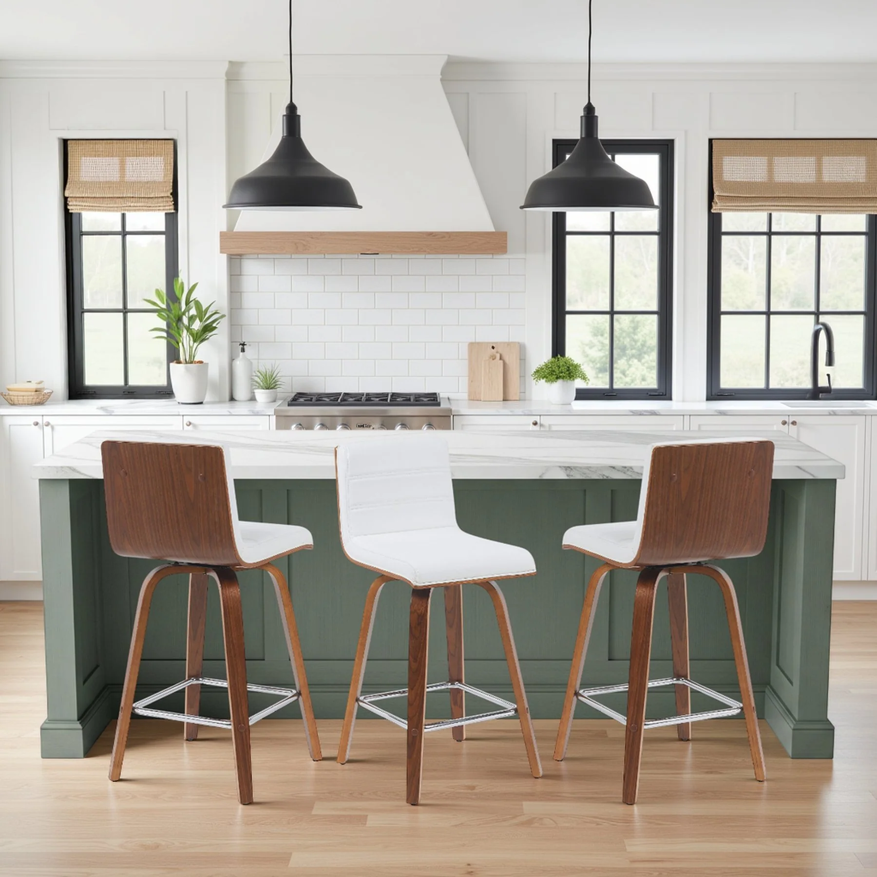 Vienna Modern Counter Height Swivel Bar Stool with Snow White Faux Leather Seat and Walnut Finished Wood Frame - Image 8