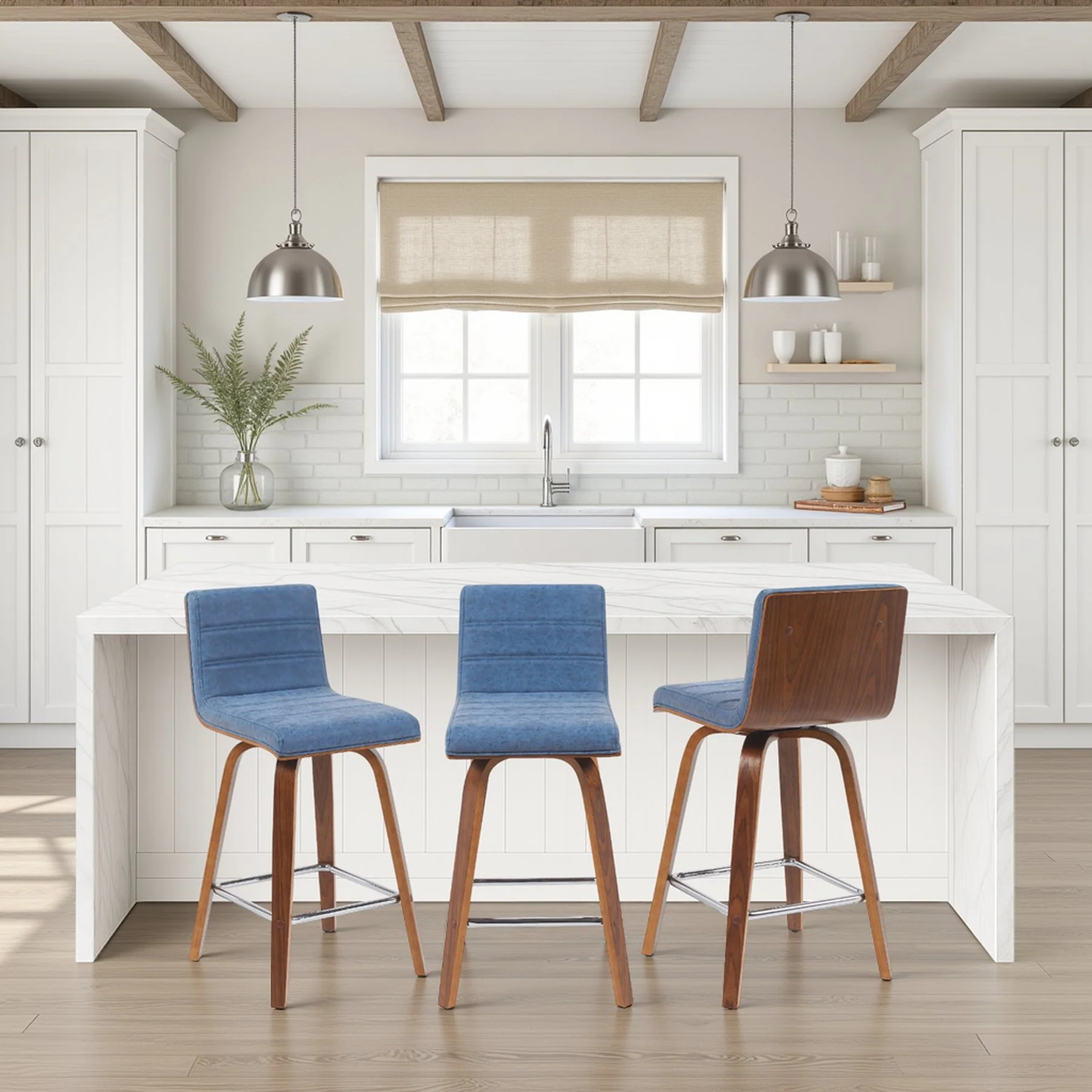 Vienna Modern Counter Height Swivel Bar Stool with Vintage Blue Upholstered Seat and Walnut Finished Wood Frame - Image 8