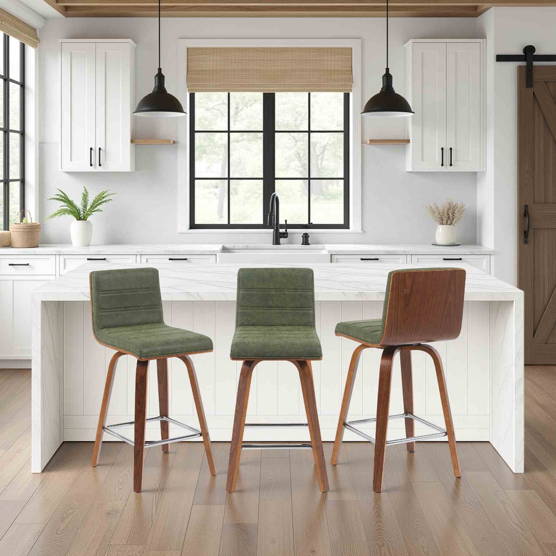 Vienna Modern Counter Height Swivel Bar Stool with Vintage Green Upholstered Seat and Walnut Finished Wood Frame - Image 8