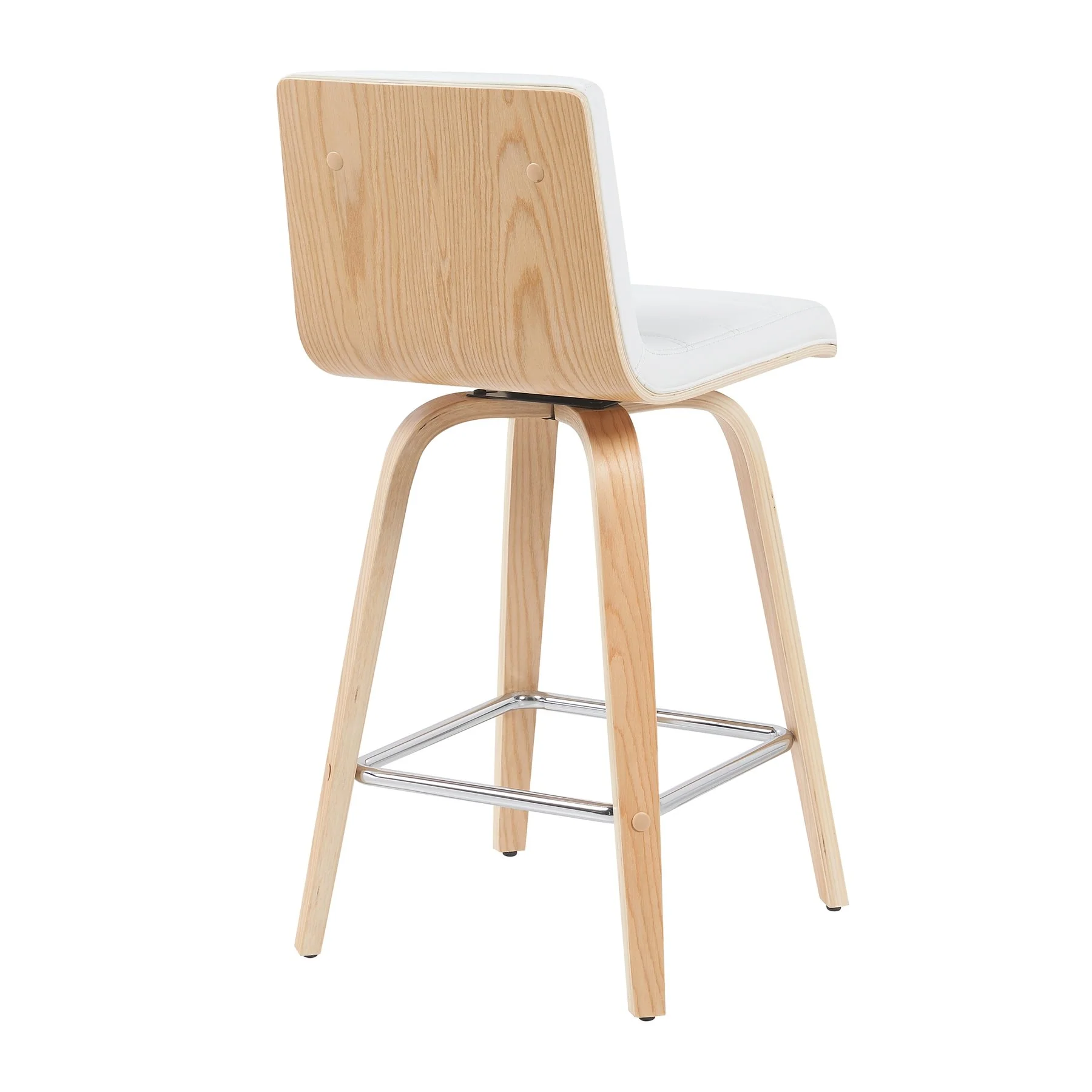 Vienna Modern Counter Height Swivel Bar Stool with White Faux Leather Seat and Patterned Oak Wood Frame - Image 3