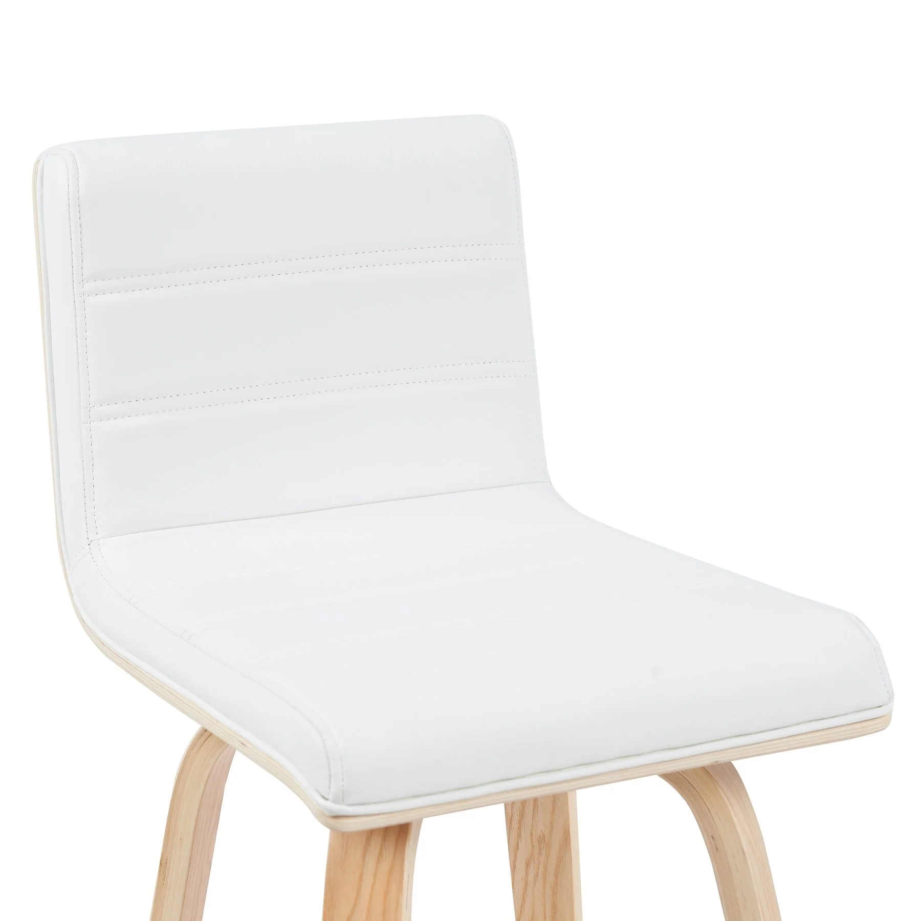 Vienna Modern Counter Height Swivel Bar Stool with White Faux Leather Seat and Patterned Oak Wood Frame - Image 4