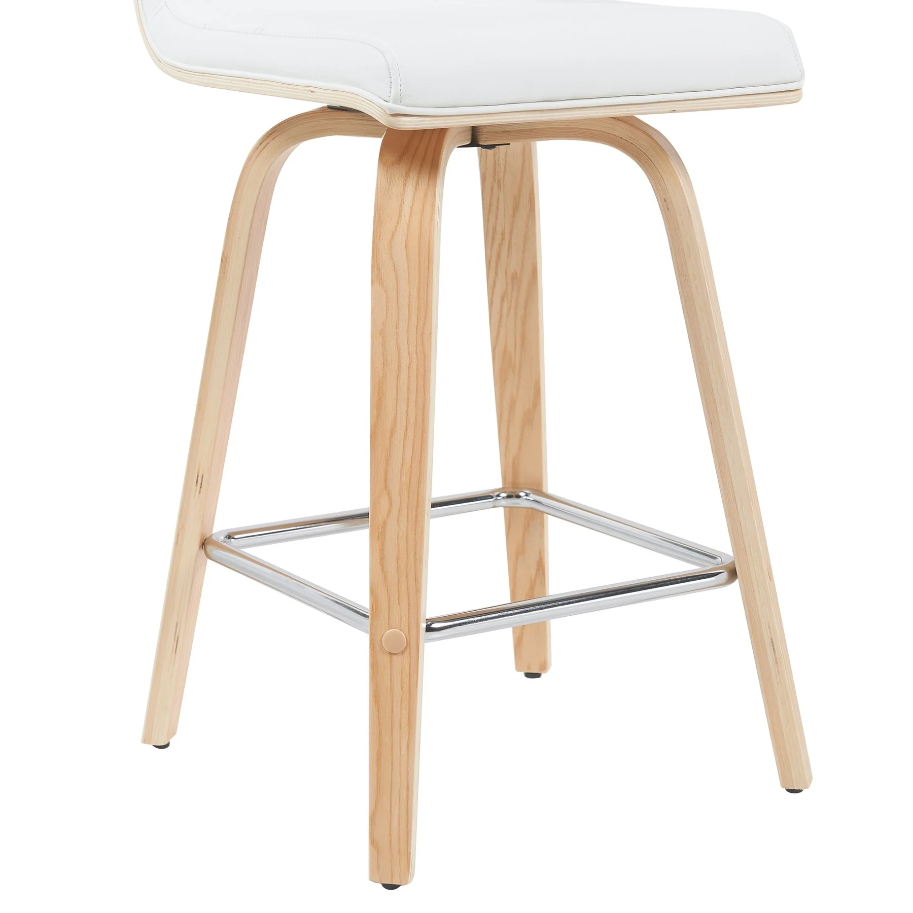 Vienna Modern Counter Height Swivel Bar Stool with White Faux Leather Seat and Patterned Oak Wood Frame - Image 6