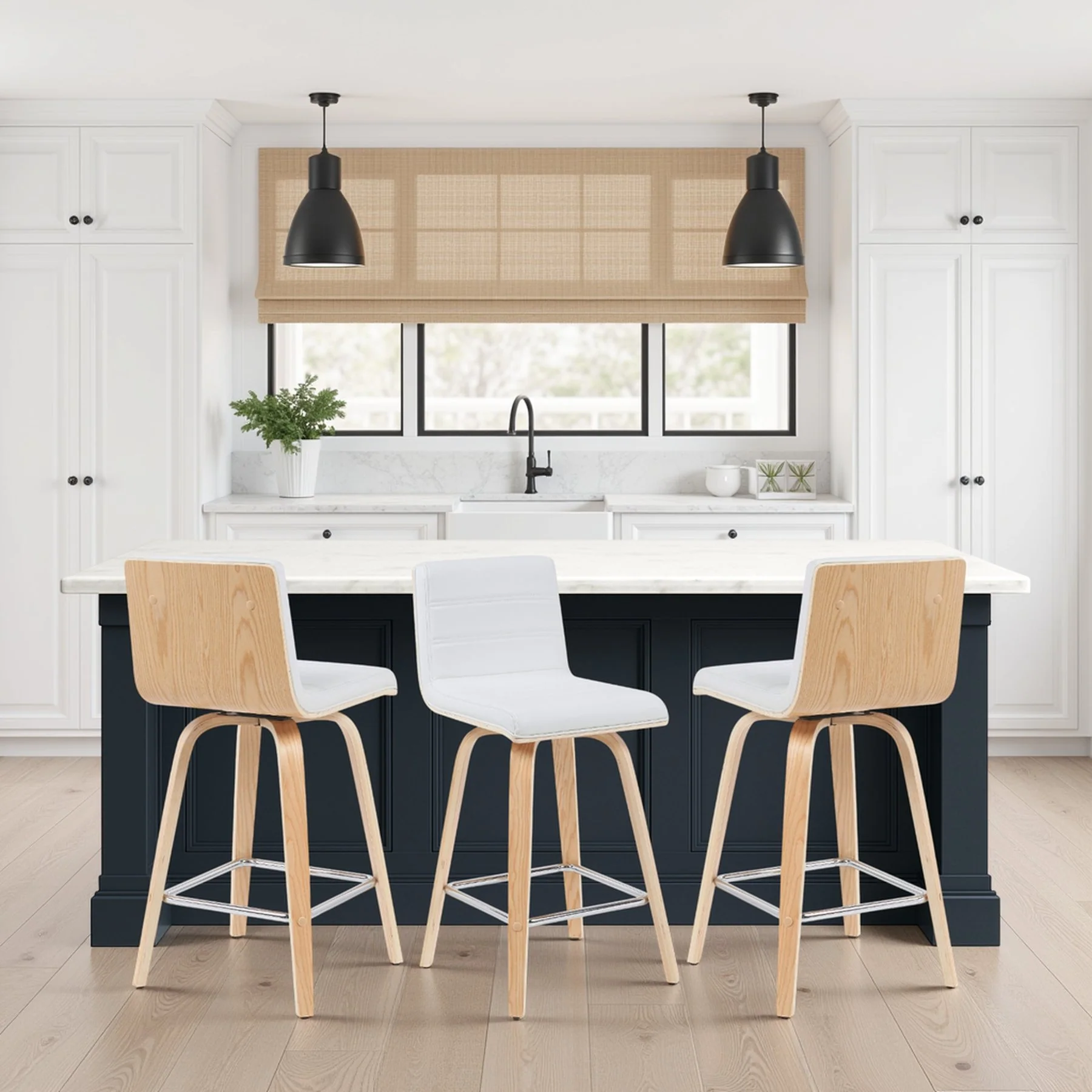 Vienna Modern Counter Height Swivel Bar Stool with White Faux Leather Seat and Patterned Oak Wood Frame - Image 8