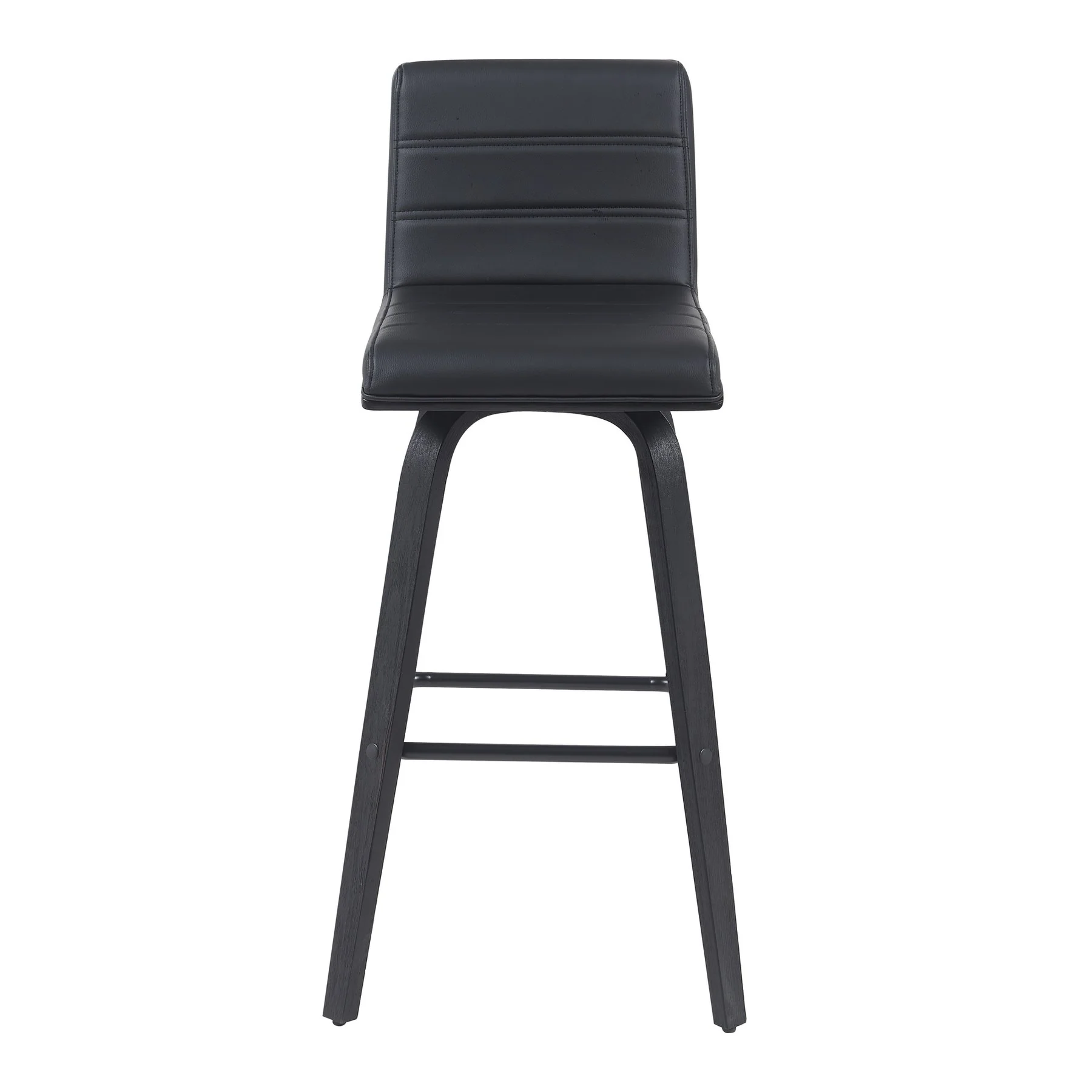 Vienna Modern Swivel Bar Height Stool with Black Faux Leather Seat and Black Brushed Wood Frame - Image 2