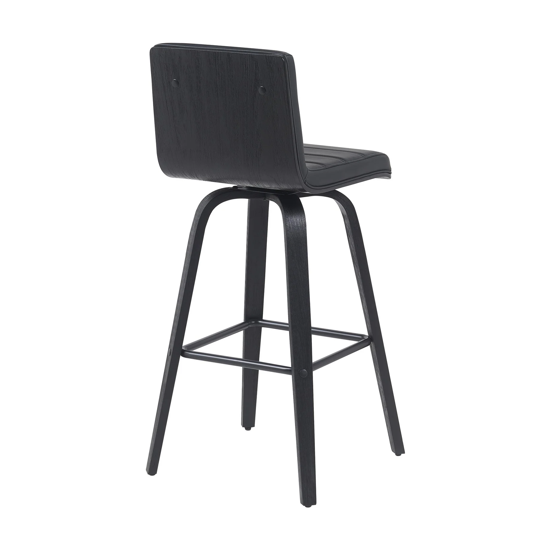 Vienna Modern Swivel Bar Height Stool with Black Faux Leather Seat and Black Brushed Wood Frame - Image 3