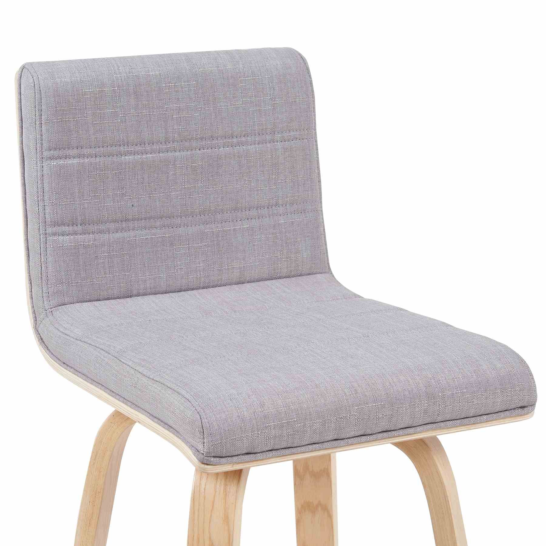 Vienna Modern Swivel Bar Height Stool with Grey Upholstered Seat and Patterned Oak Wood Frame - Image 4