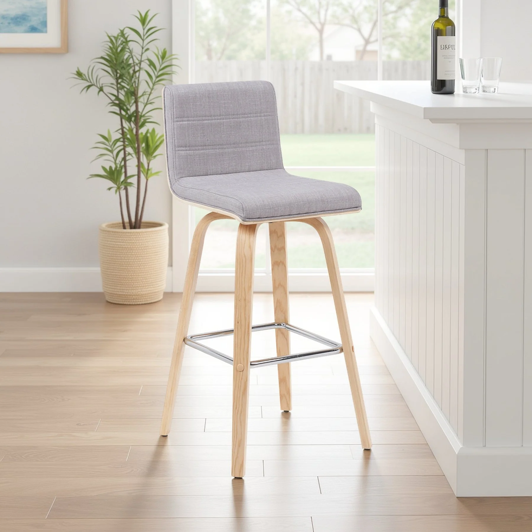 Vienna Modern Swivel Bar Height Stool with Grey Upholstered Seat and Patterned Oak Wood Frame - Image 7