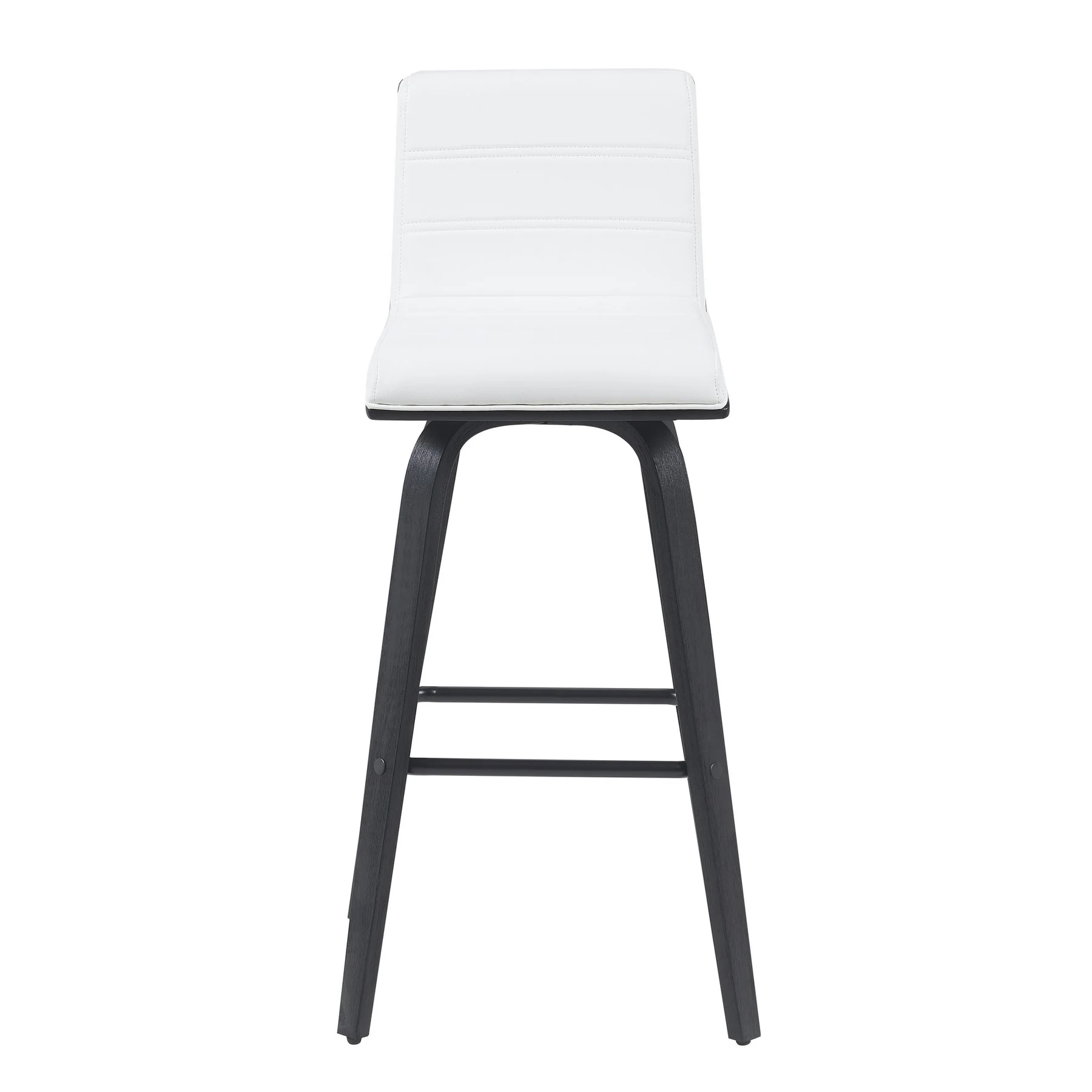 Vienna Modern Swivel Bar Height Stool with Snow White Faux Leather Seat and Black Brushed Wood Frame - Image 2