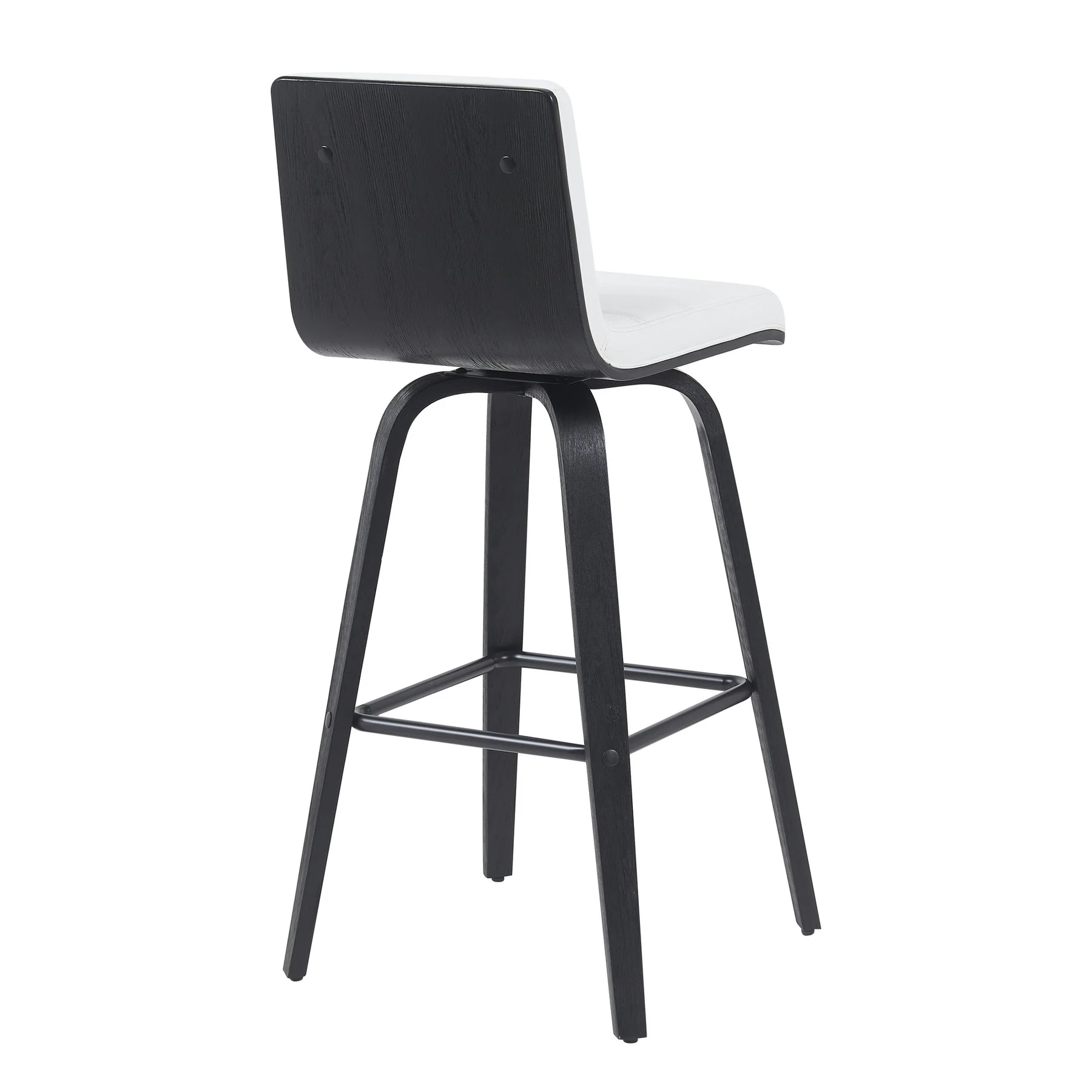 Vienna Modern Swivel Bar Height Stool with Snow White Faux Leather Seat and Black Brushed Wood Frame - Image 3