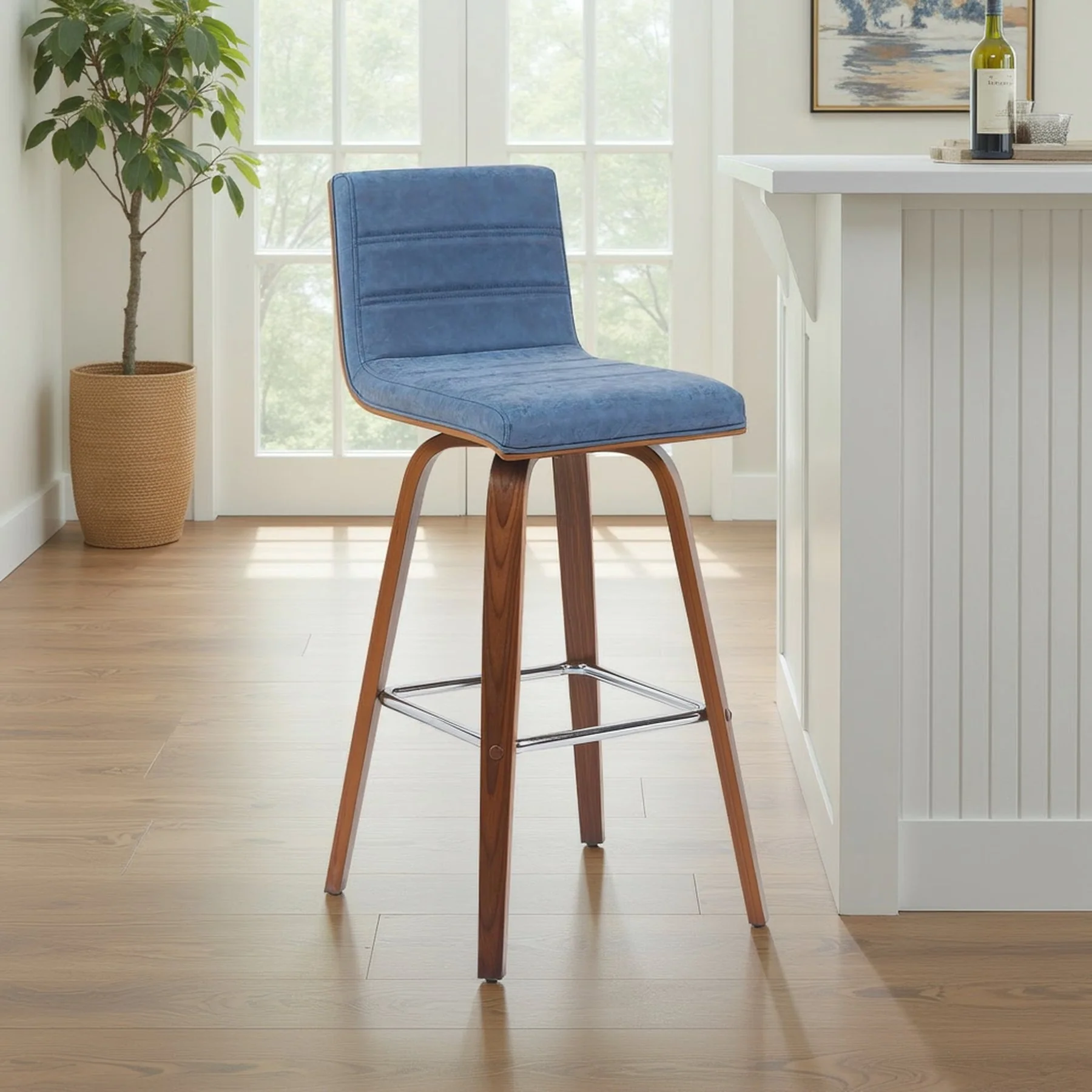 Vienna Modern Swivel Bar Height Stool with Vintage Blue Upholstered Seat and Walnut Finished Wood Frame - Image 7