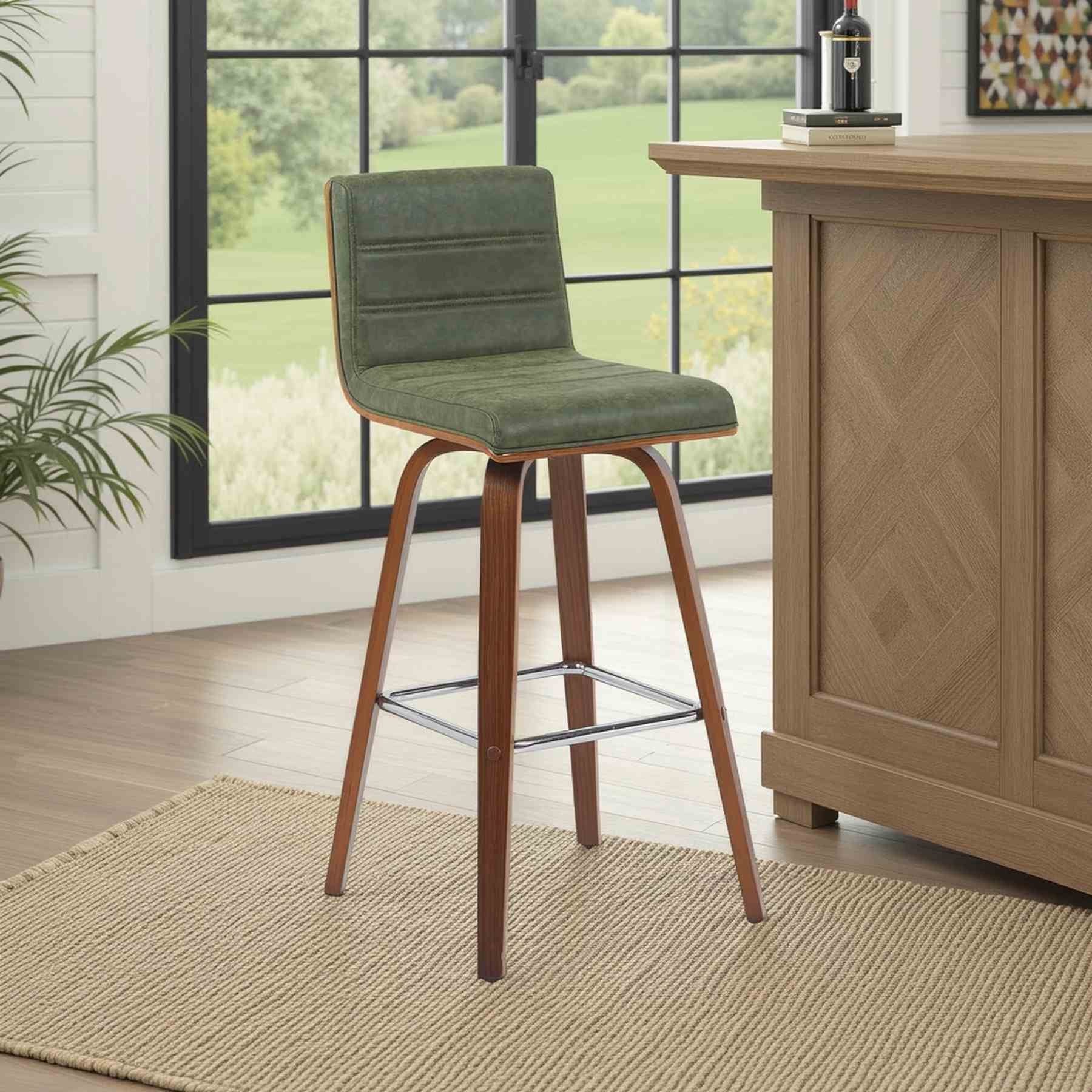 Vienna Modern Swivel Bar Height Stool with Vintage Green Upholstered Seat and Walnut Finished Wood Frame - Image 7