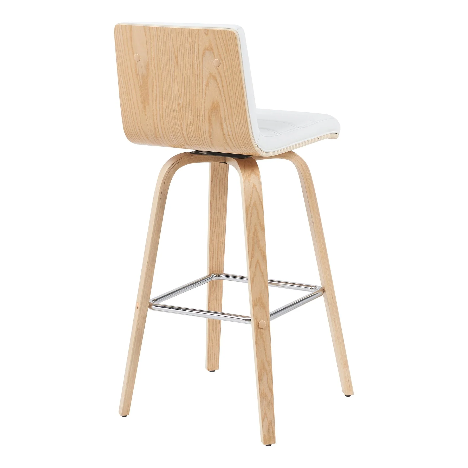 Vienna Modern Swivel Bar Height Stool with White Faux Leather Seat and Patterned Oak Wood Frame - Image 3