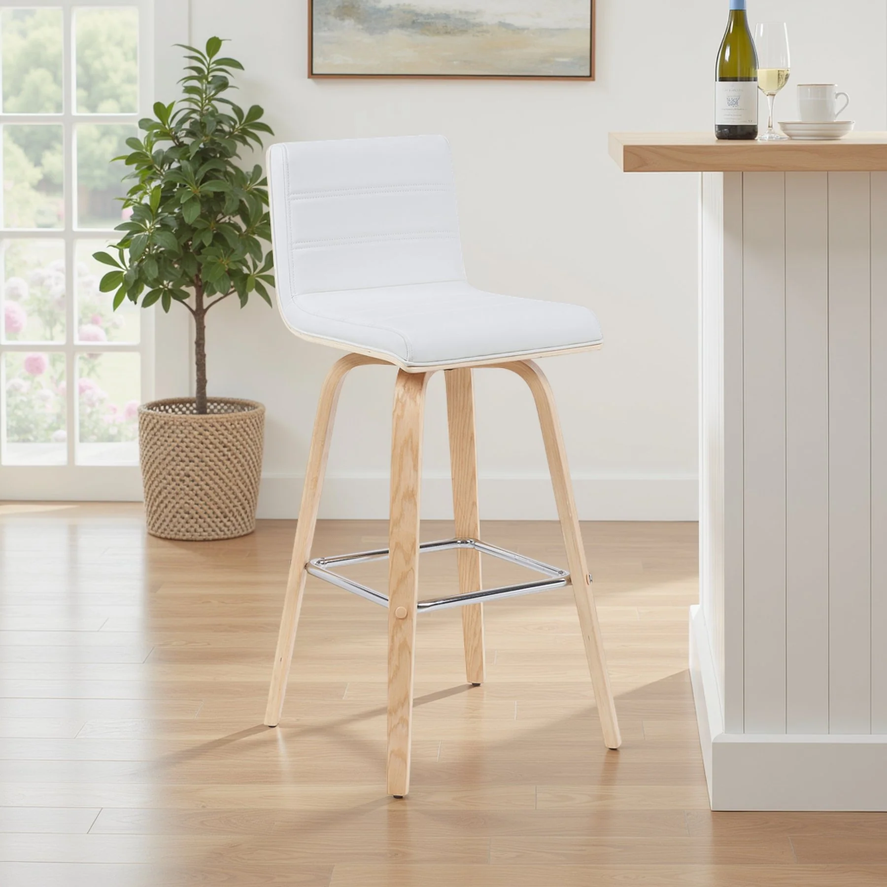 Vienna Modern Swivel Bar Height Stool with White Faux Leather Seat and Patterned Oak Wood Frame - Image 7