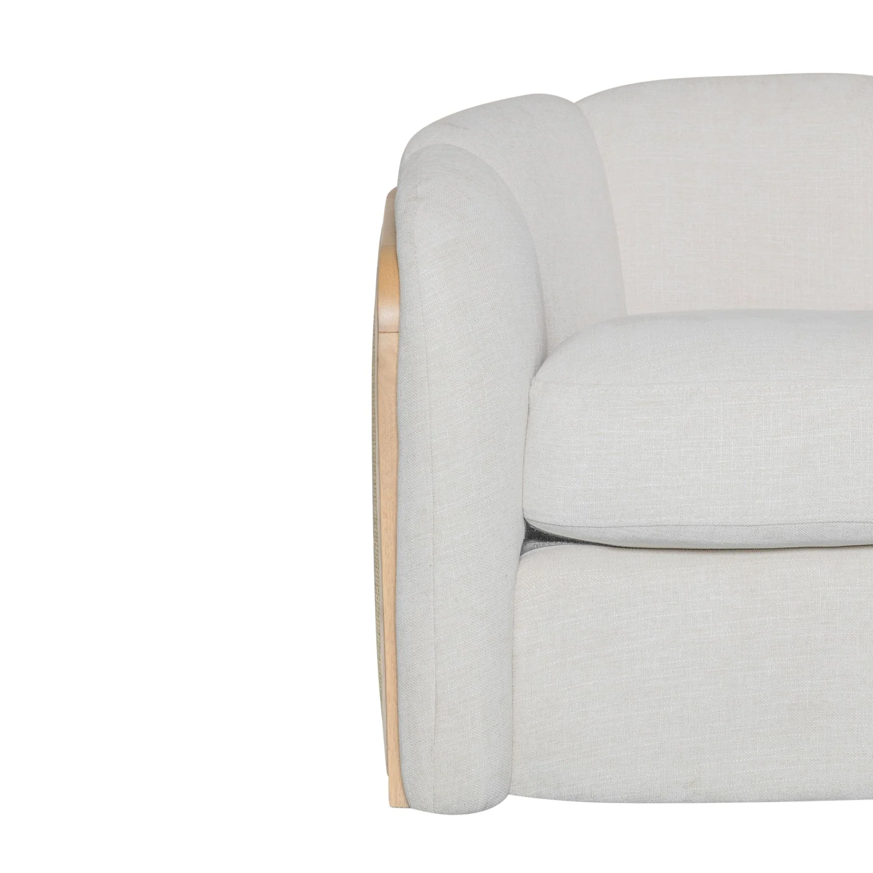 Violet Accent Chair in Soft Oat Fabric with Natural Wood Finish and Rattan Back - Image 4