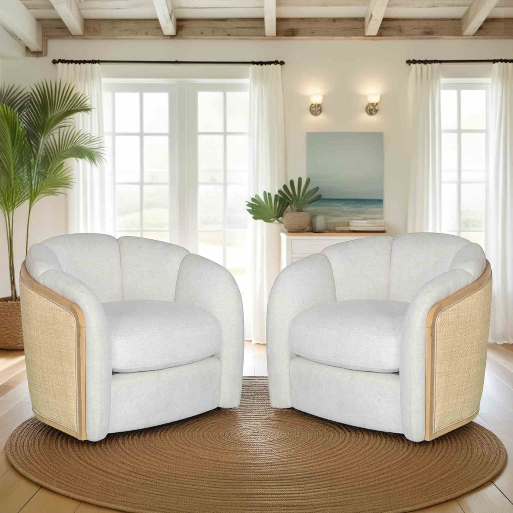 Violet Accent Chair in Soft Oat Fabric with Natural Wood Finish and Rattan Back - Image 9
