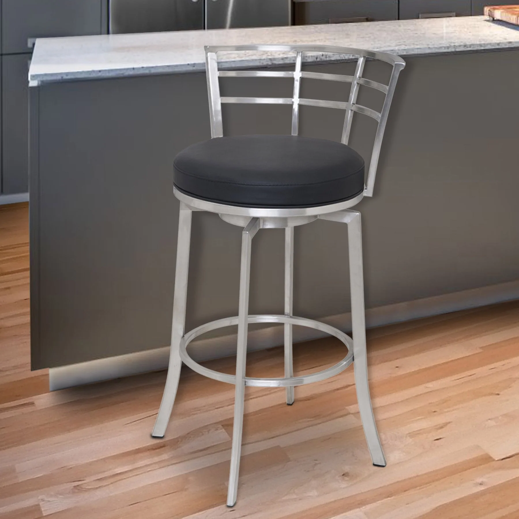 Viper 26" Counter Height Swivel Black Faux Leather and Brushed Stainless Steel Bar Stool - Image 4
