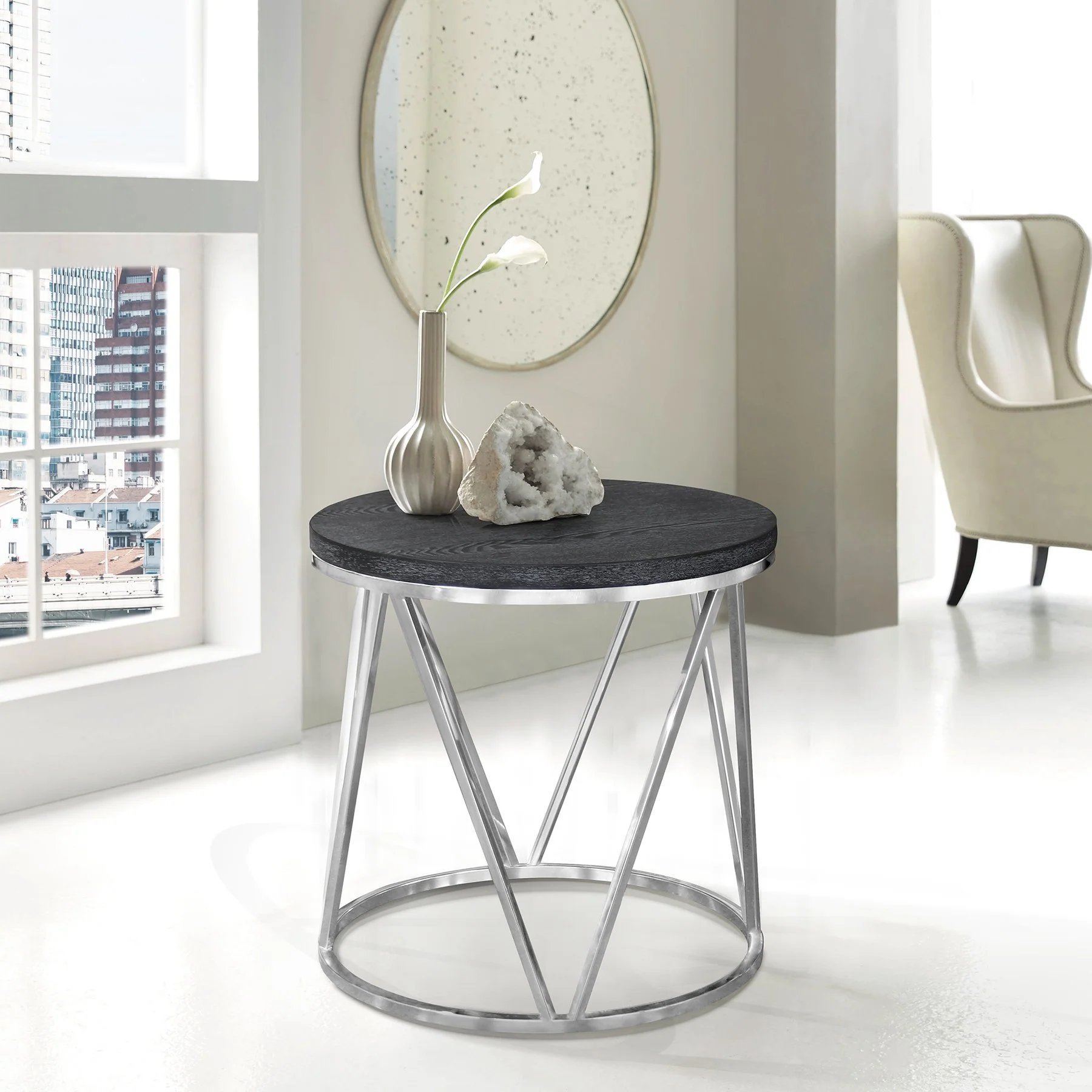 Vivian Contemporary End Table in Polished Stainless Steel Finish with Gray Top - Image 2