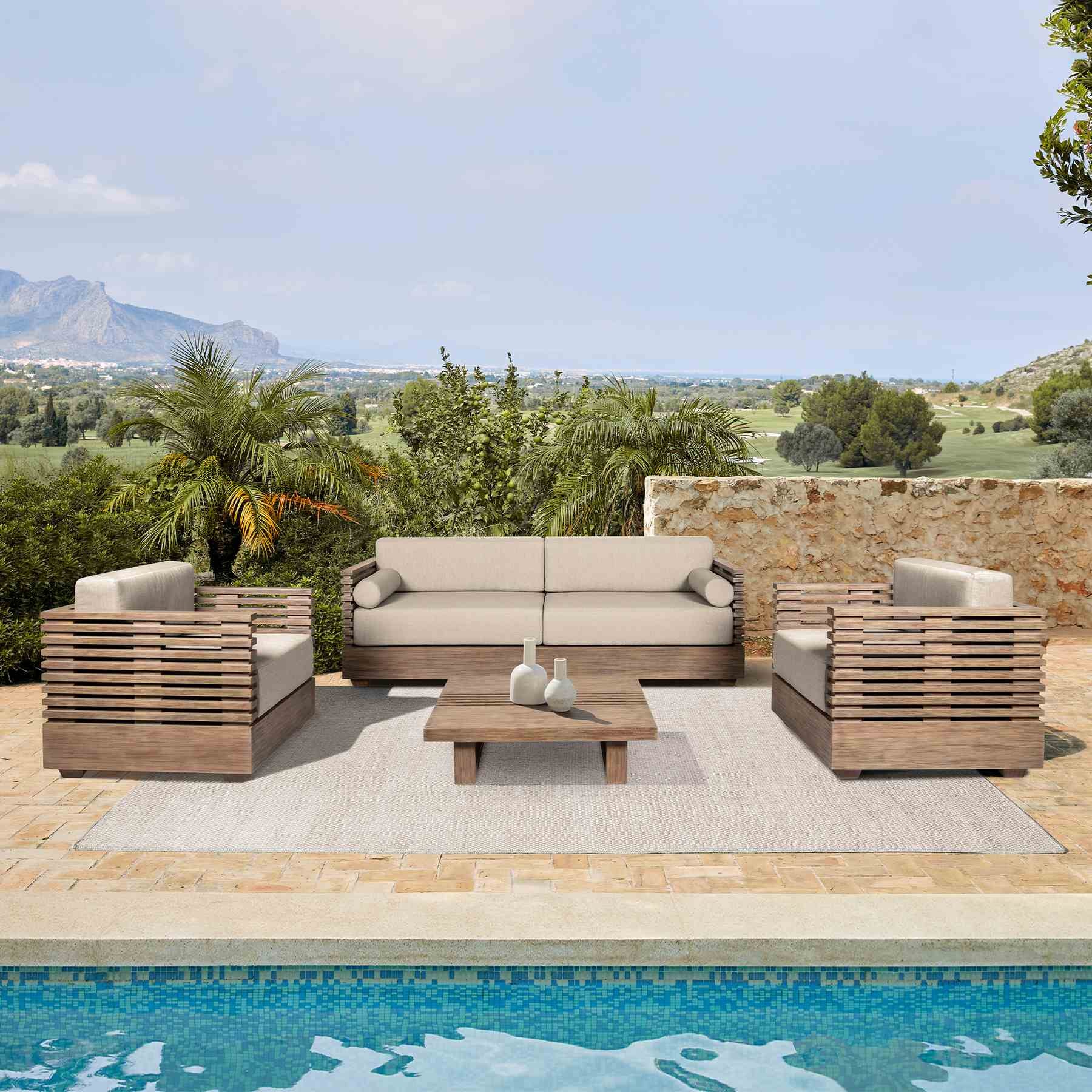 Vivid Outdoor Patio 4 Piece Conversation Set in Light Eucalyptus Wood with Taupe Olefin Cushions - Image 13