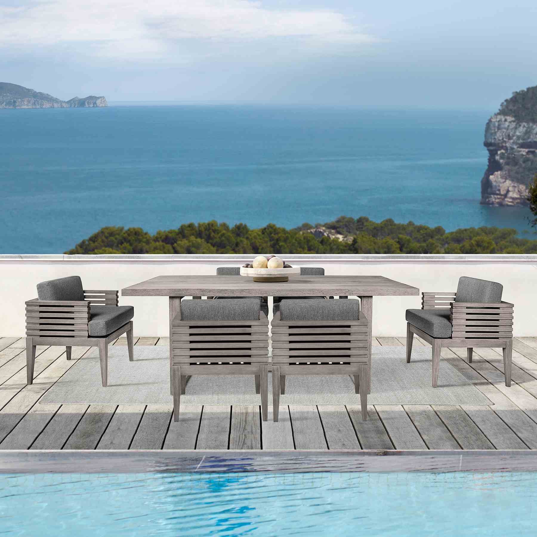 Vivid Outdoor Patio 7 Piece Dining Set in Gray Eucalyptus Wood with Gray Olefin Cushions - Image 12