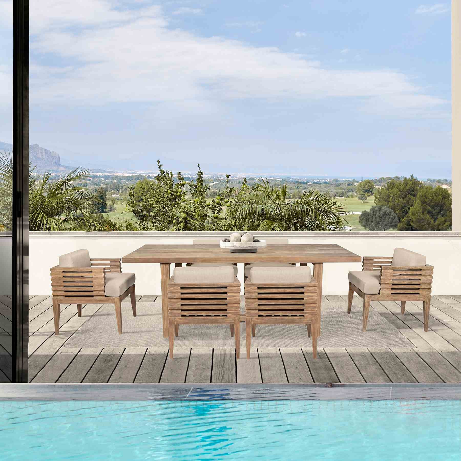Vivid Outdoor Patio 7 Piece Dining Set in Light Eucalyptus Wood with Taupe Olefin Cushions - Image 12