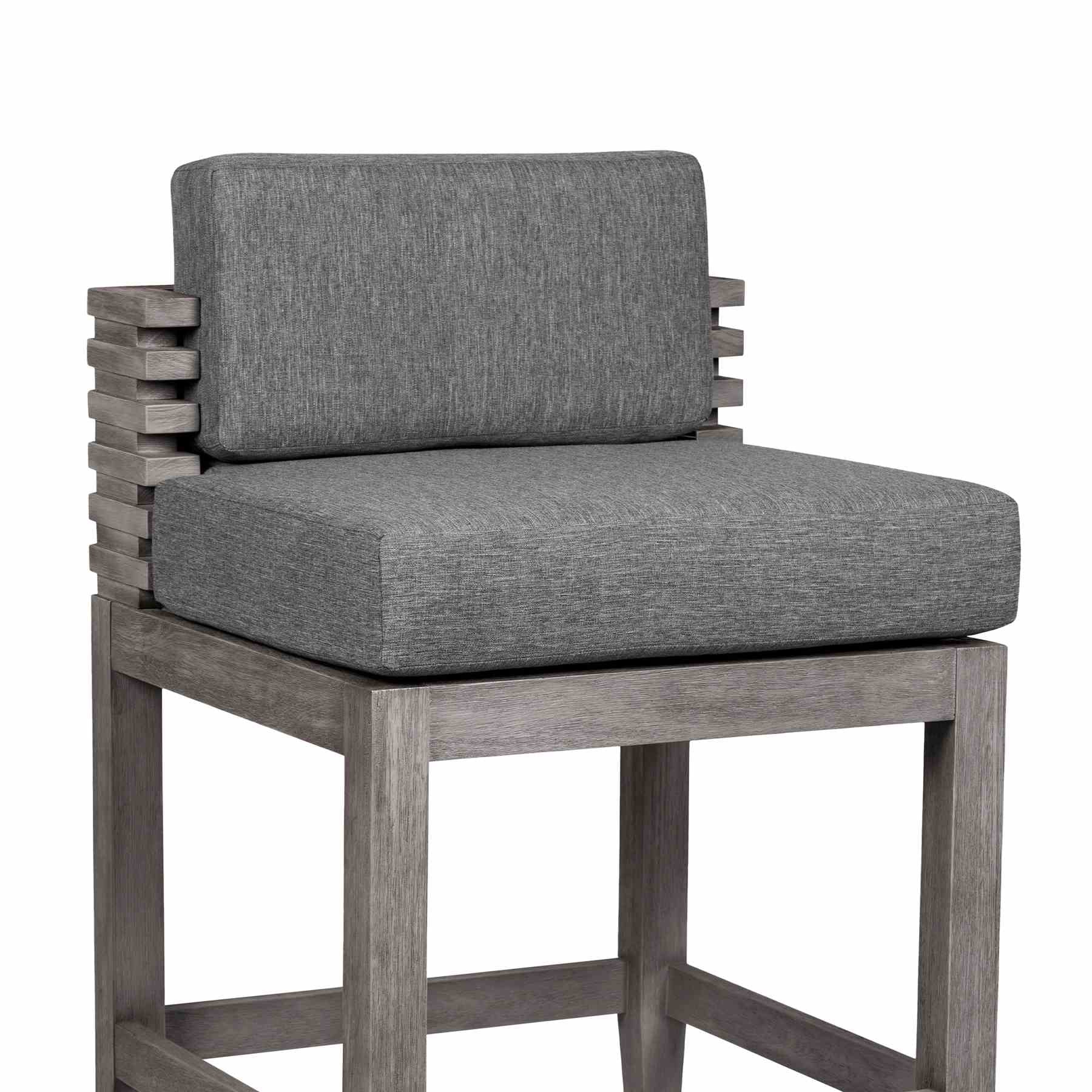 Vivid Outdoor Patio Bar Stool in Gray Eucalyptus Wood with Gray Olefin Cushions - Image 6