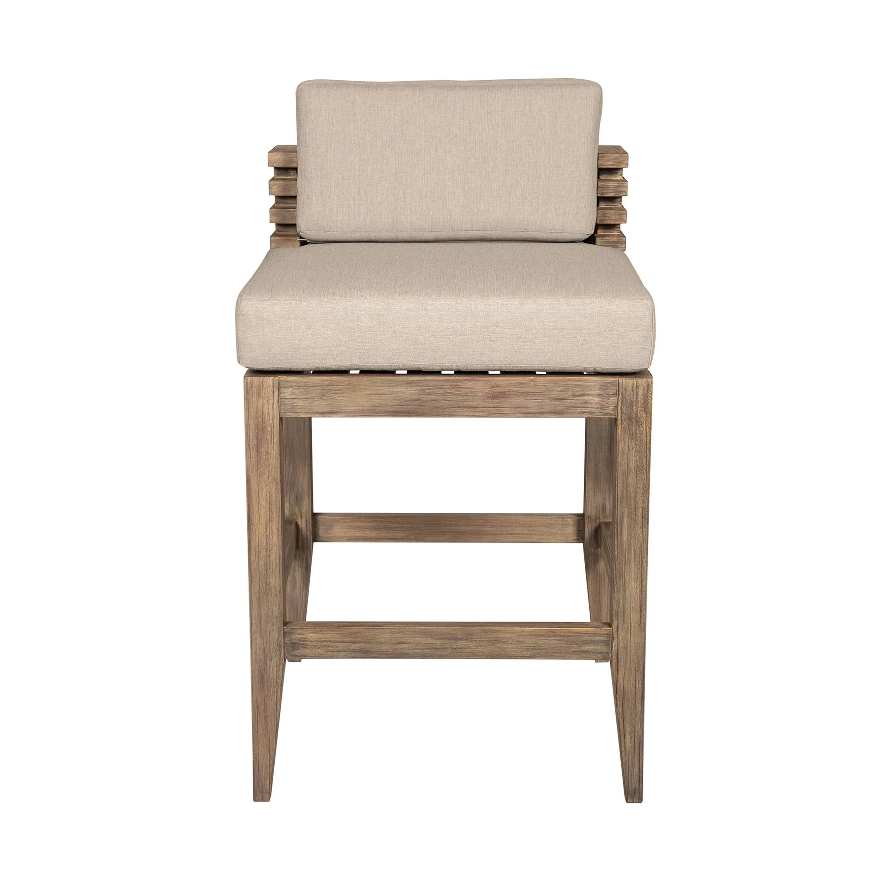Vivid Outdoor Patio Bar Stool in Light Eucalyptus Wood with Taupe Olefin Cushions - Image 2