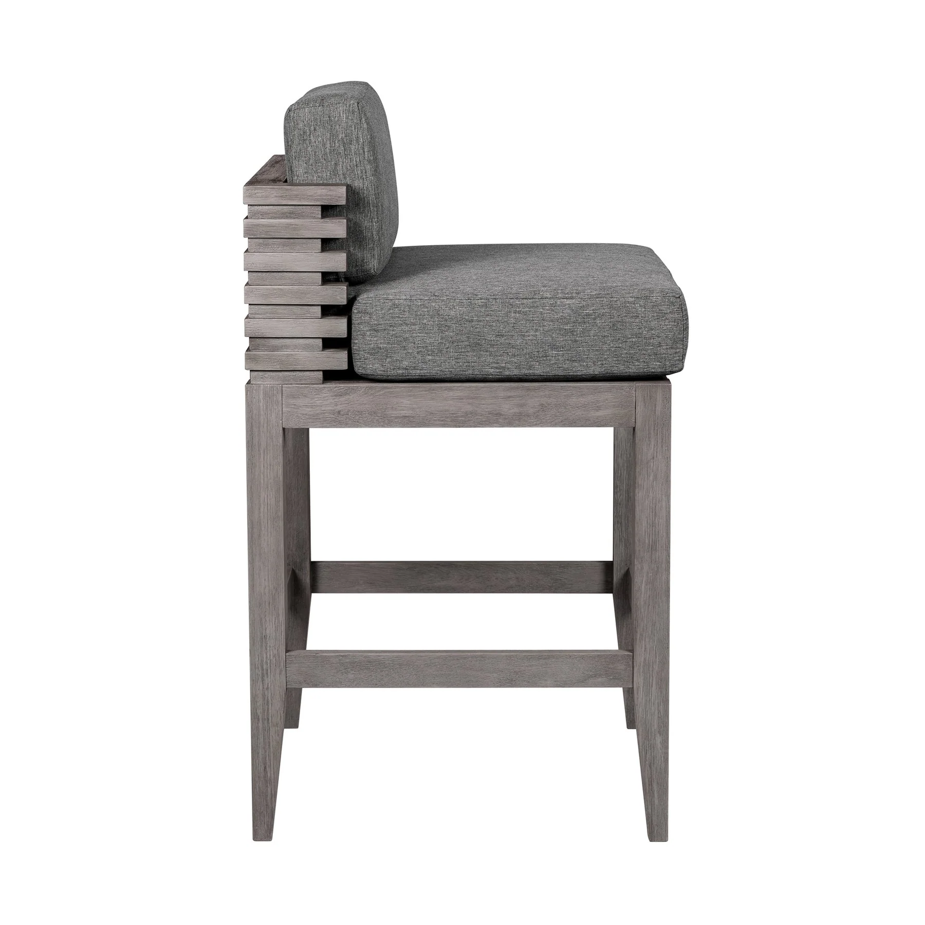 Vivid Outdoor Patio Counter Stool in Gray Eucalyptus Wood with Gray Olefin Cushions - Image 3