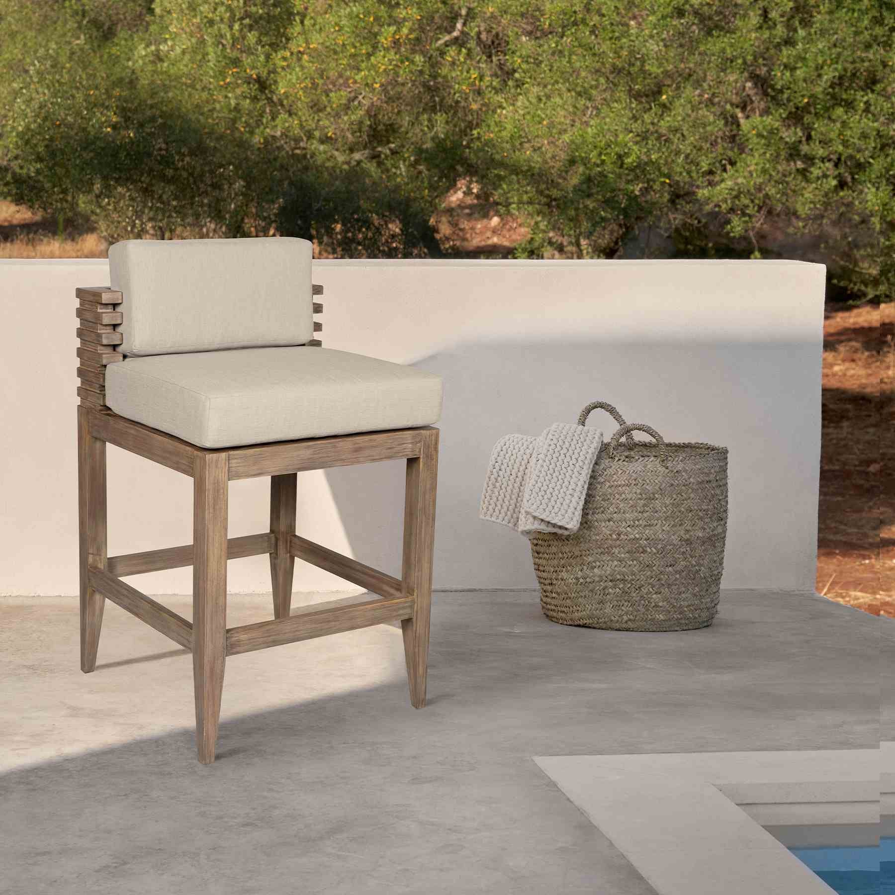 Vivid Outdoor Patio Counter Stool in Light Eucalyptus Wood with Taupe Olefin Cushions - Image 11
